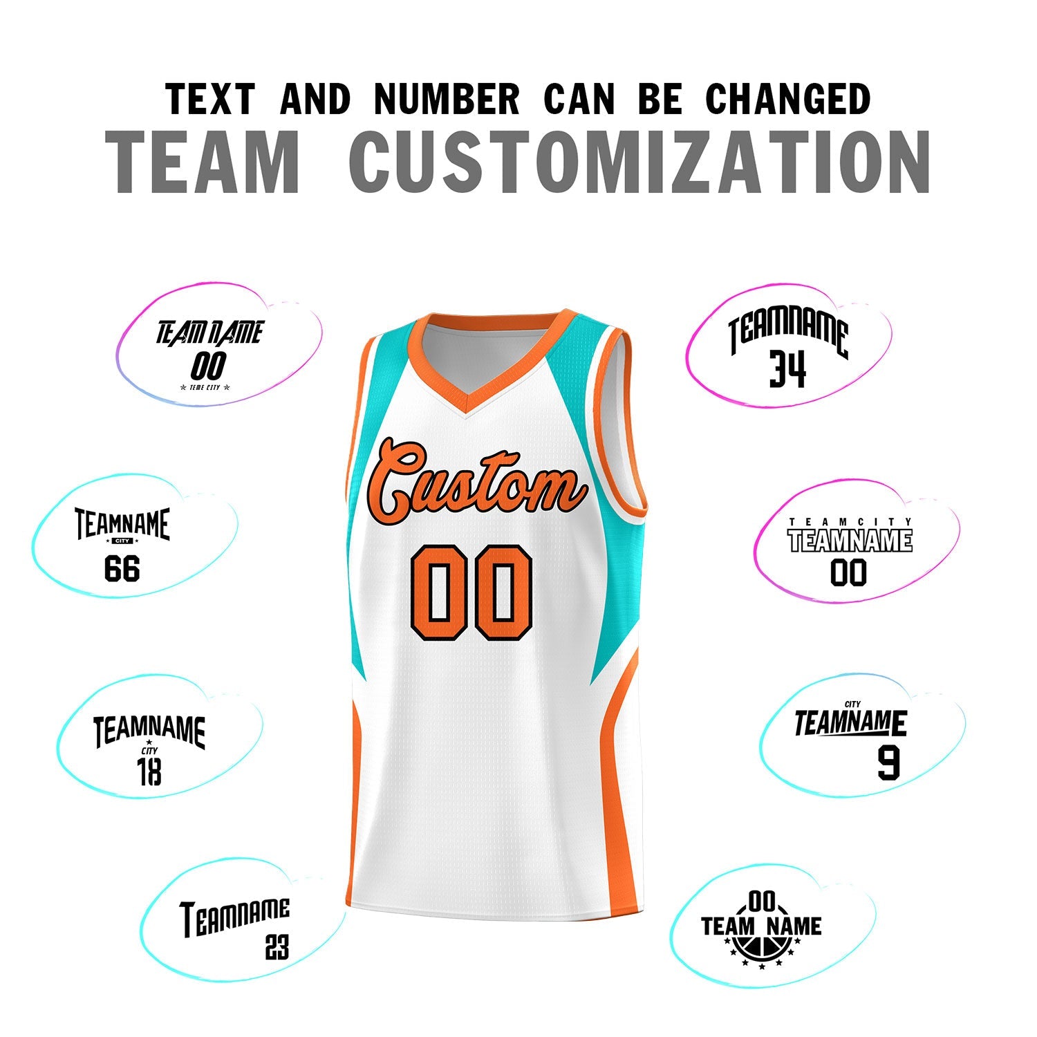 Custom White Aqua and Orange Color Block Sports Uniform Basketball Jersey