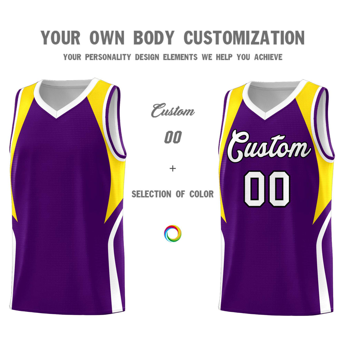 Custom Purple Gold and White Color Block Sports Uniform Basketball Jersey