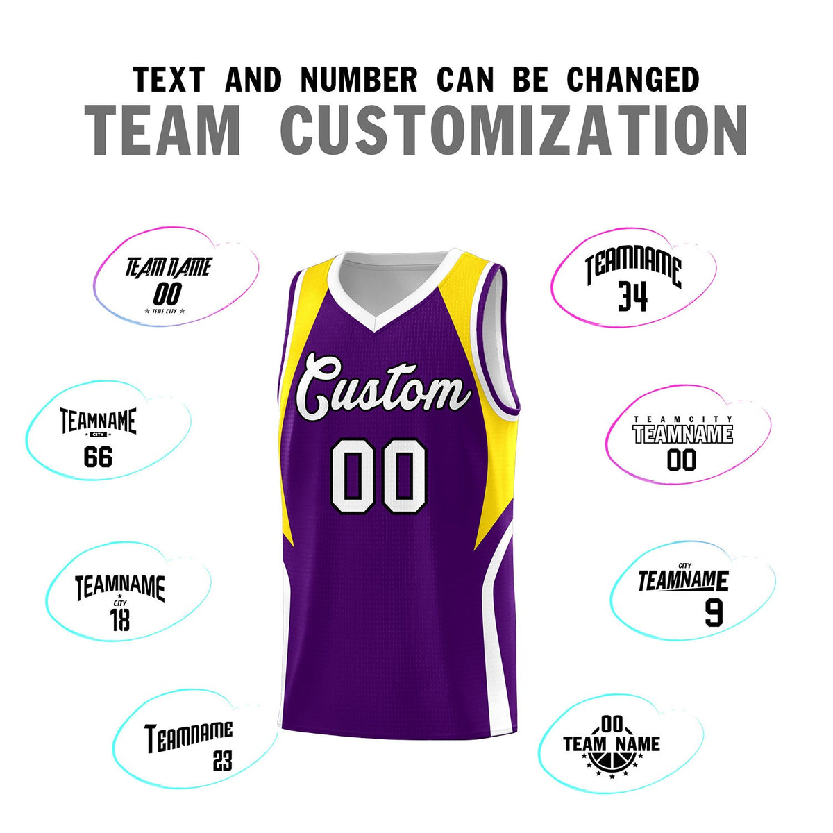 Custom Purple Gold and White Color Block Sports Uniform Basketball Jersey