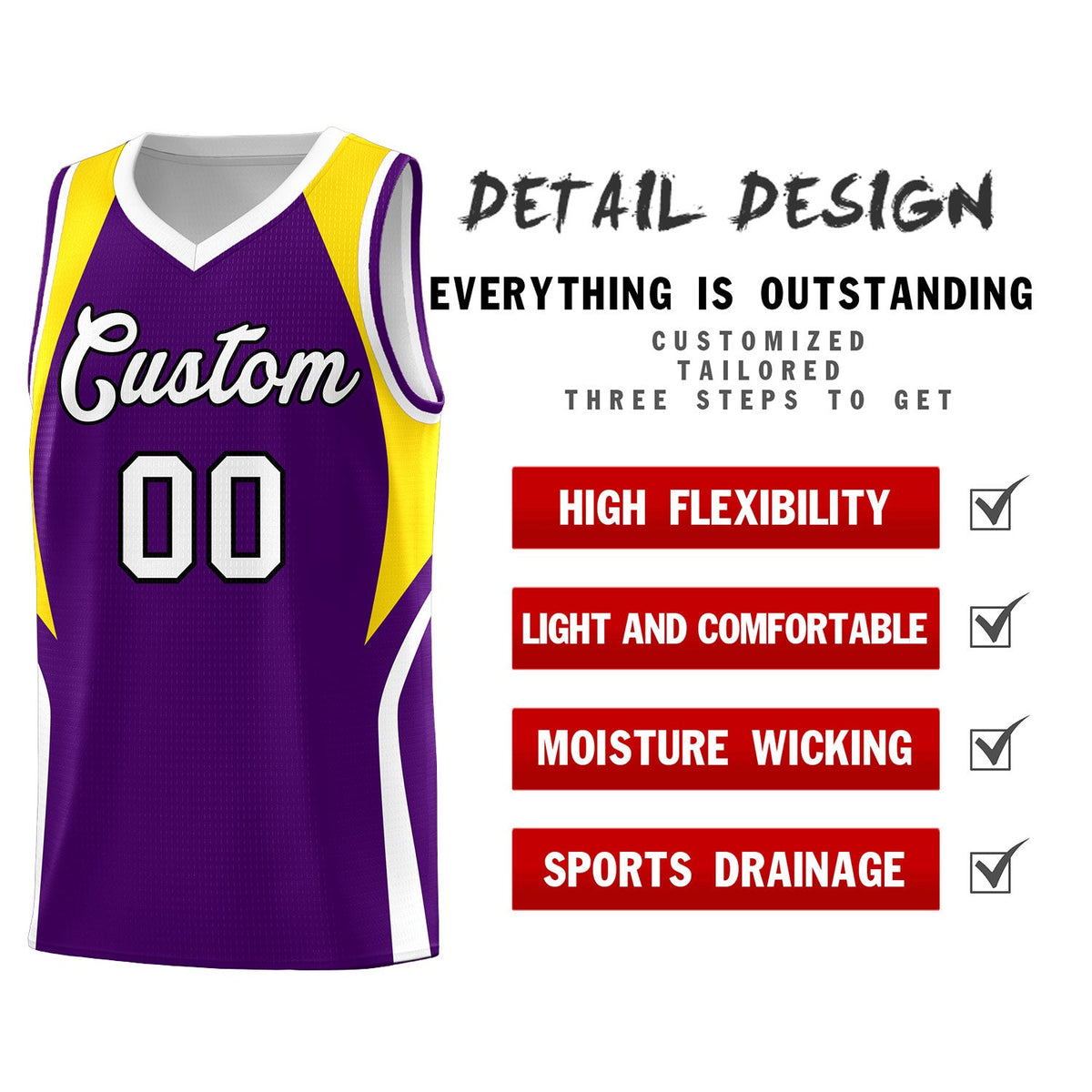 Custom Purple Gold and White Color Block Sports Uniform Basketball Jersey