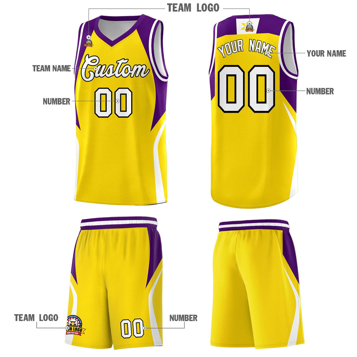 Custom Gold Purple and White Color Block Sports Uniform Basketball Jersey