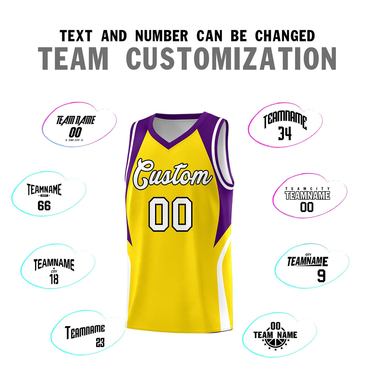 Custom Gold Purple and White Color Block Sports Uniform Basketball Jersey