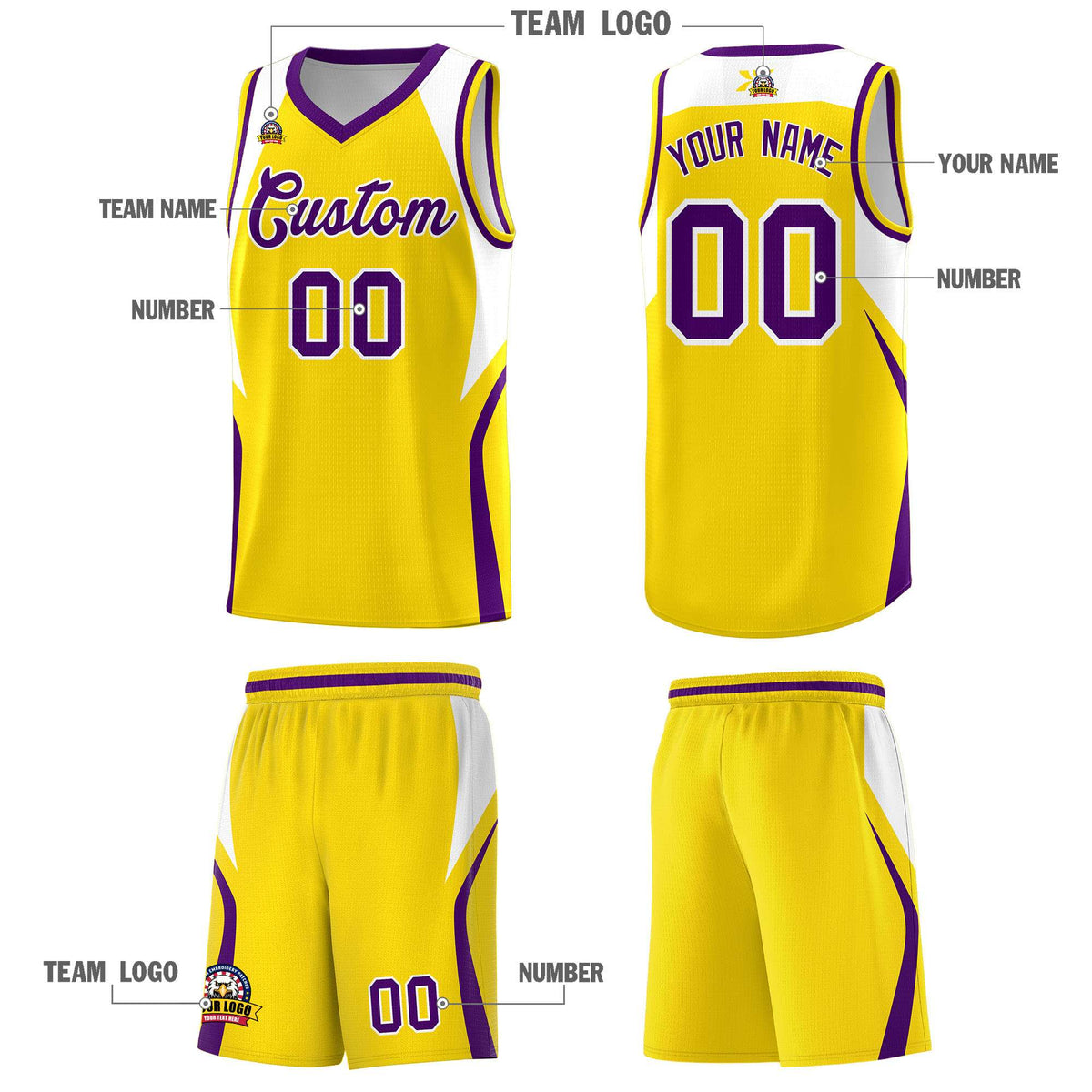 Custom Gold White and Purple Color Block Sports Uniform Basketball Jersey