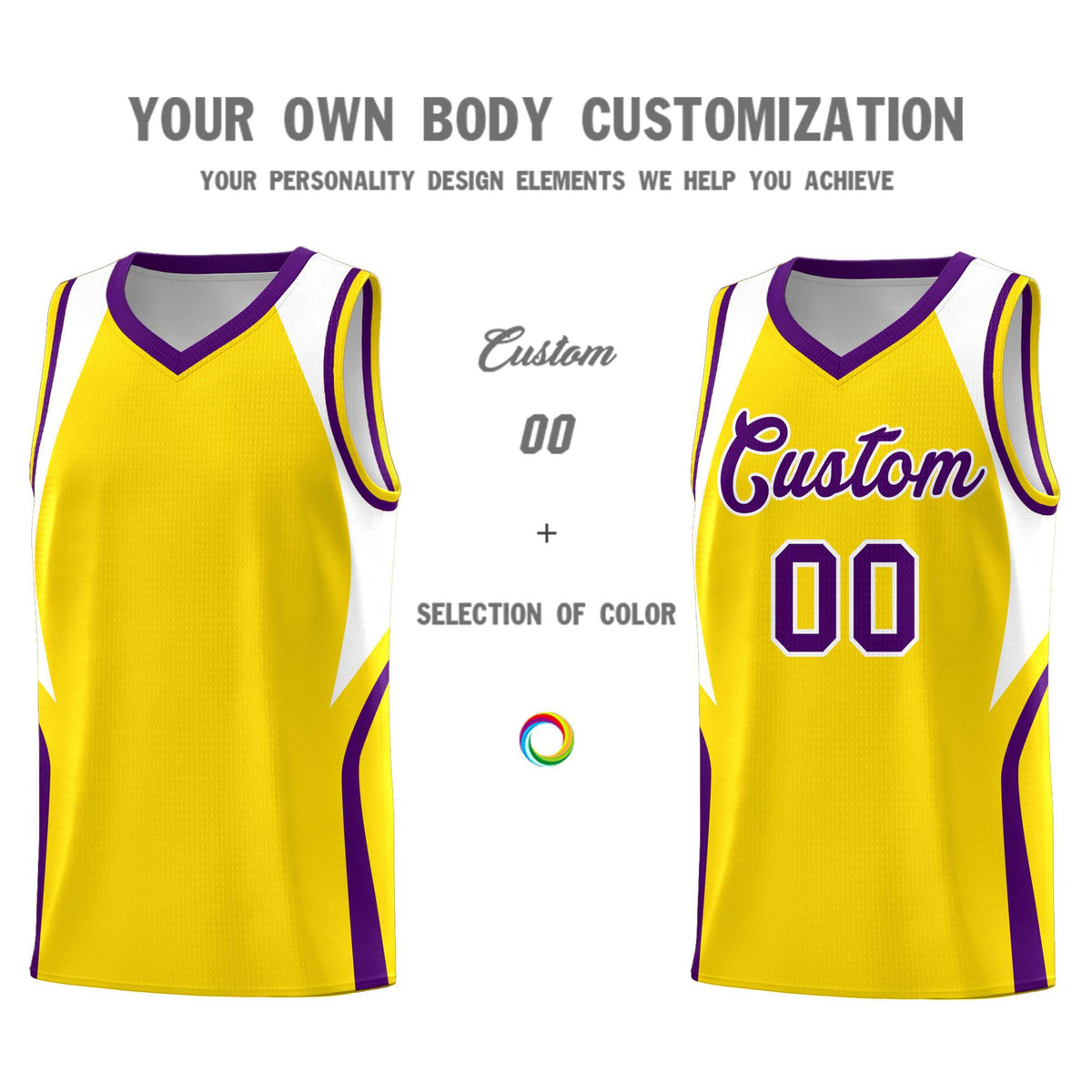 Custom Gold White and Purple Color Block Sports Uniform Basketball Jersey