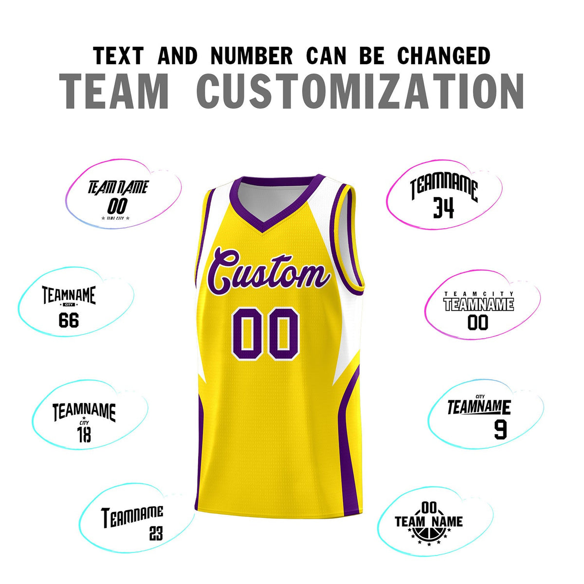Custom Gold White and Purple Color Block Sports Uniform Basketball Jersey