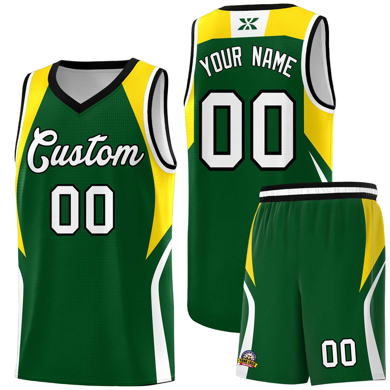Custom Hunter Green Gold and White Color Block Sports Uniform Basketball Jersey