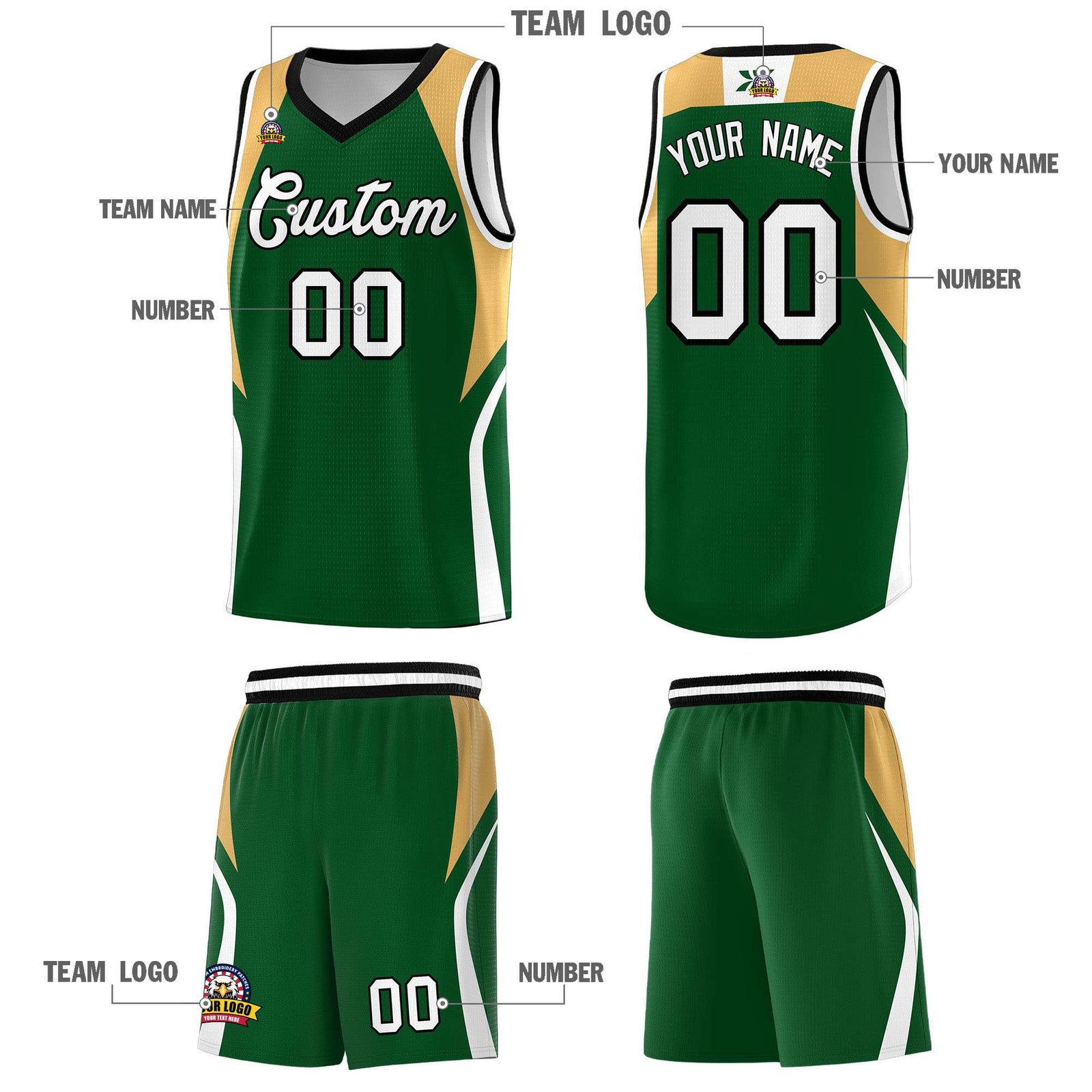 Custom Green Buckskin Brown and White Color Block Sports Uniform Basketball Jersey