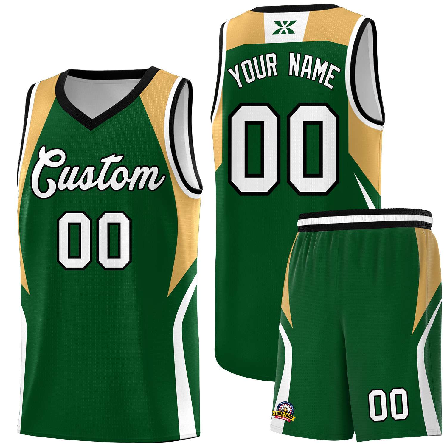Custom Green Buckskin Brown and White Color Block Sports Uniform Basketball Jersey