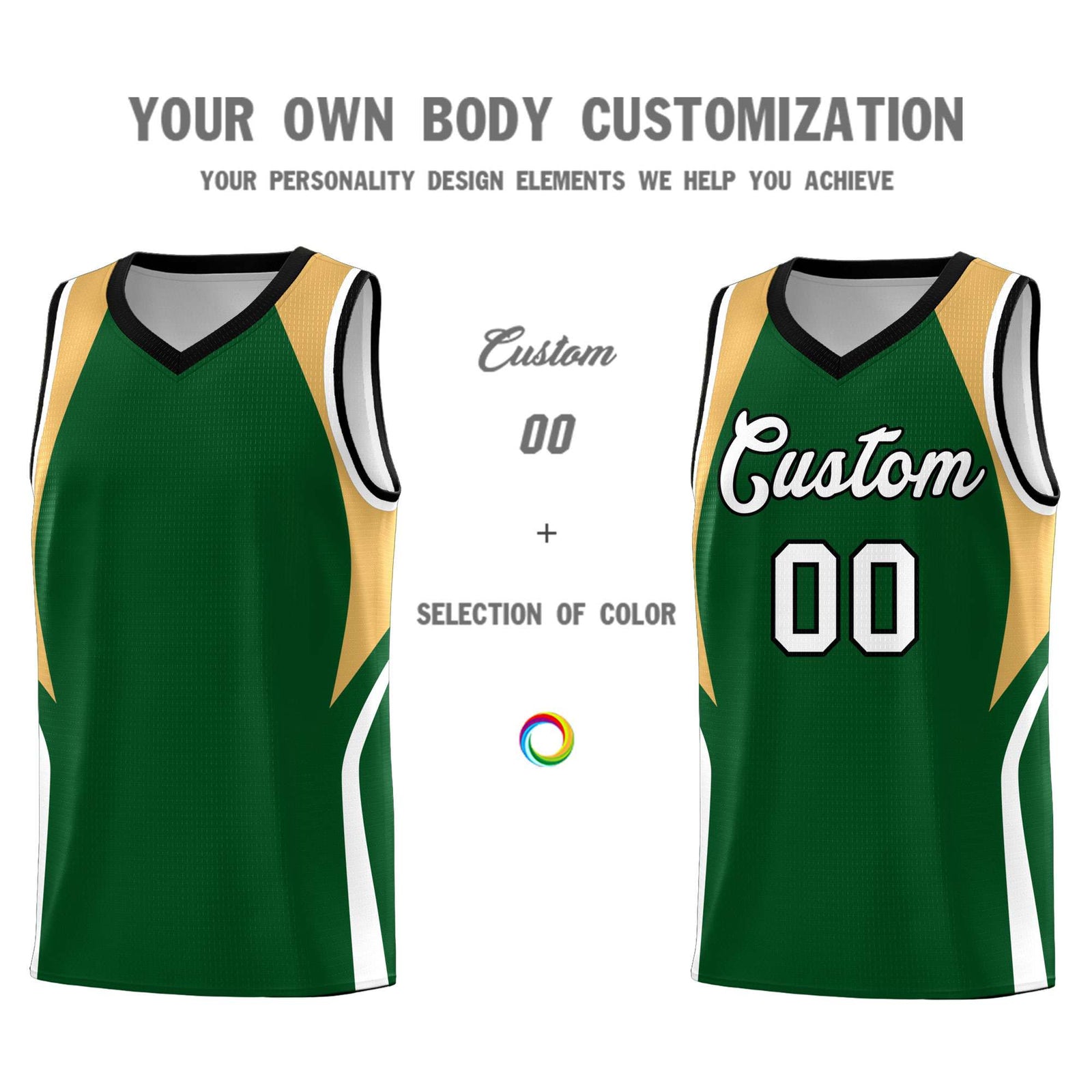 Custom Green Buckskin Brown and White Color Block Sports Uniform Basketball Jersey