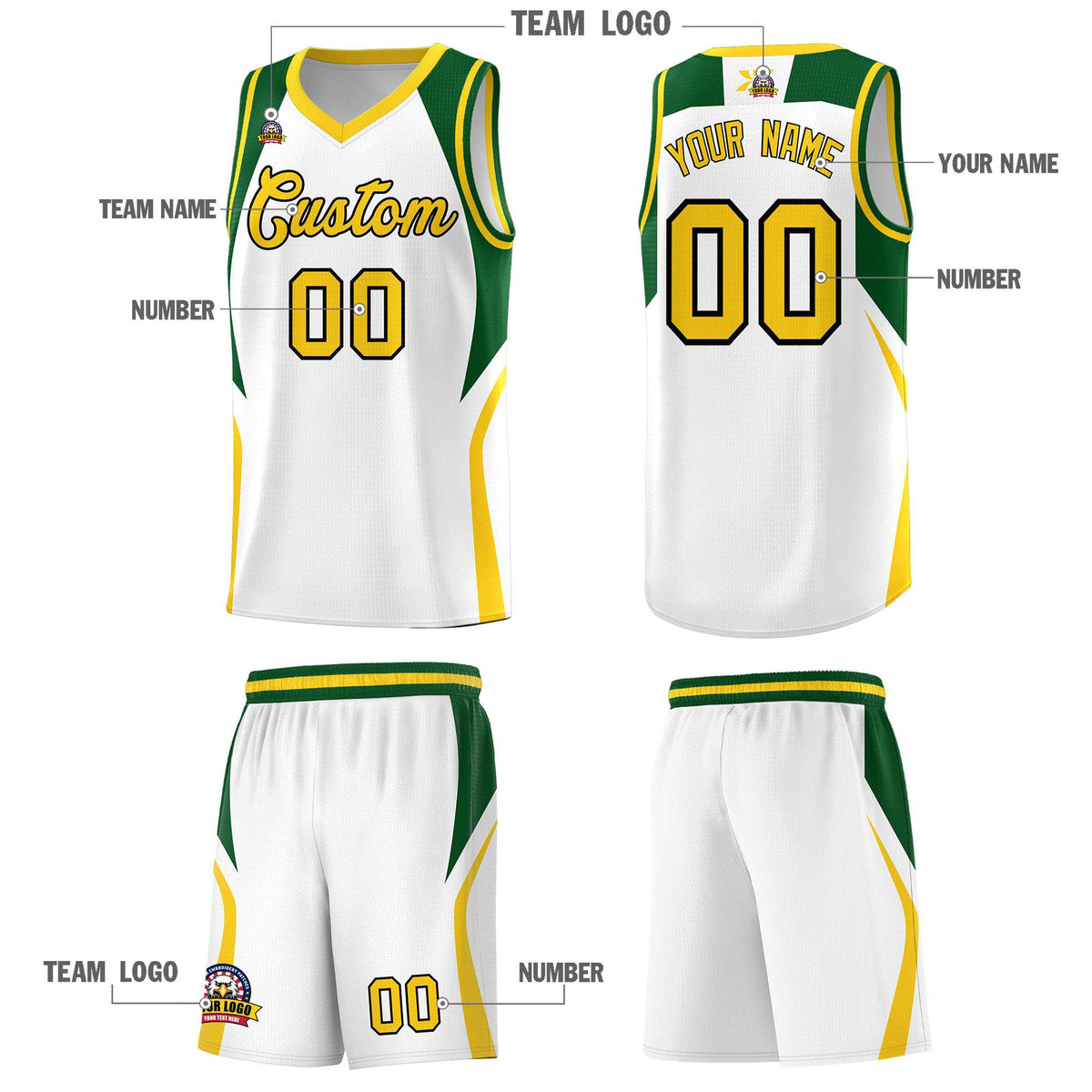 Custom White Hunter Green and Gold Color Block Sports Uniform Basketball Jersey