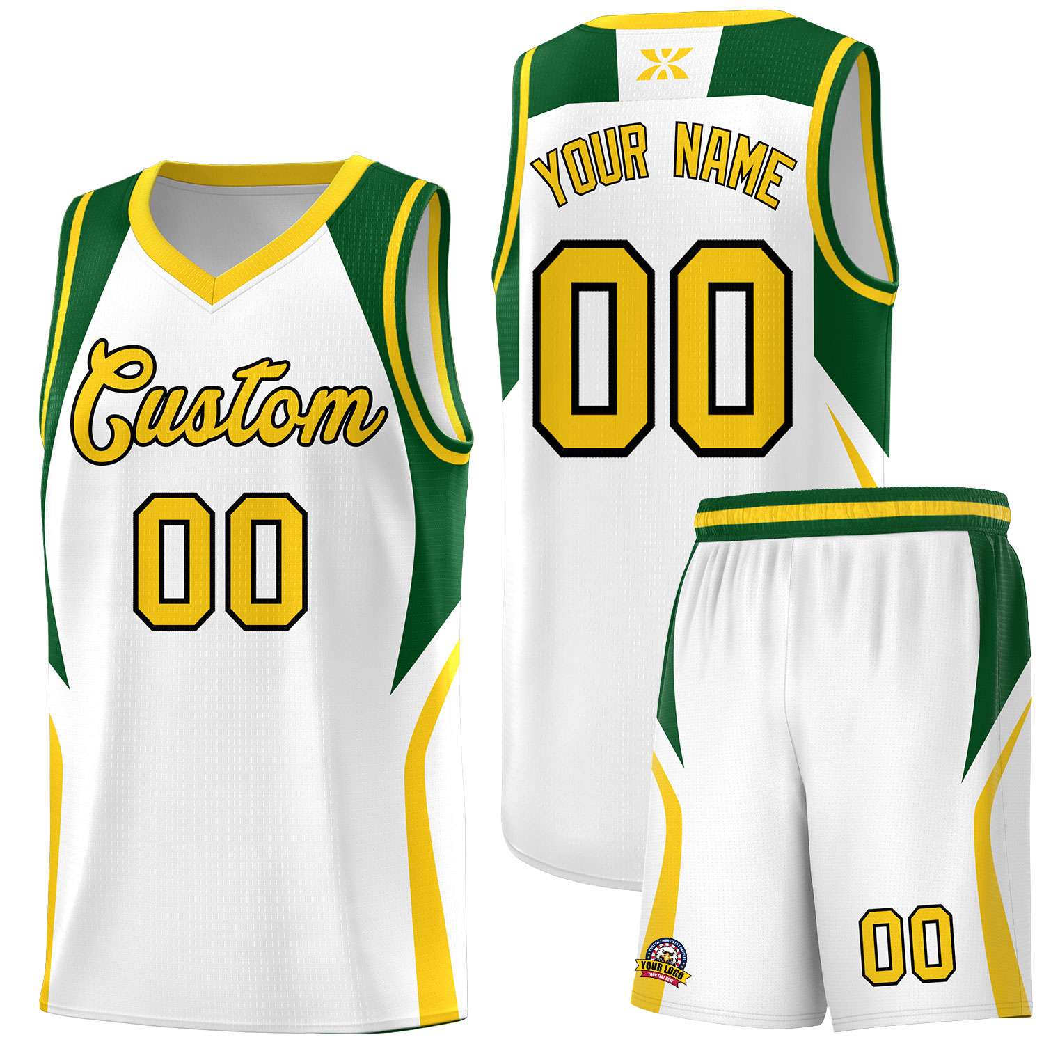 Custom White Hunter Green and Gold Color Block Sports Uniform Basketball Jersey