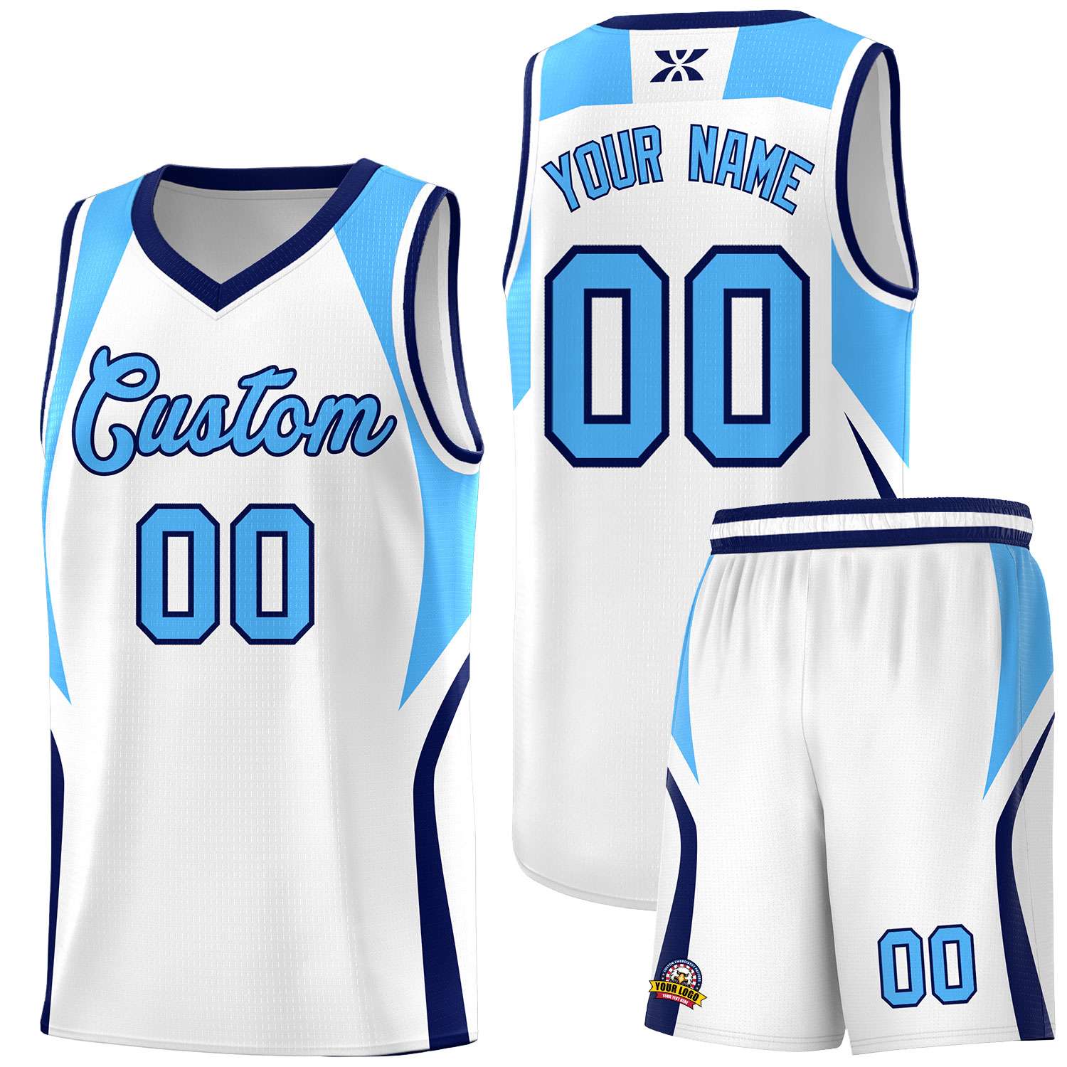 Custom White Powder Blue and Navy Color Block Sports Uniform Basketball Jersey
