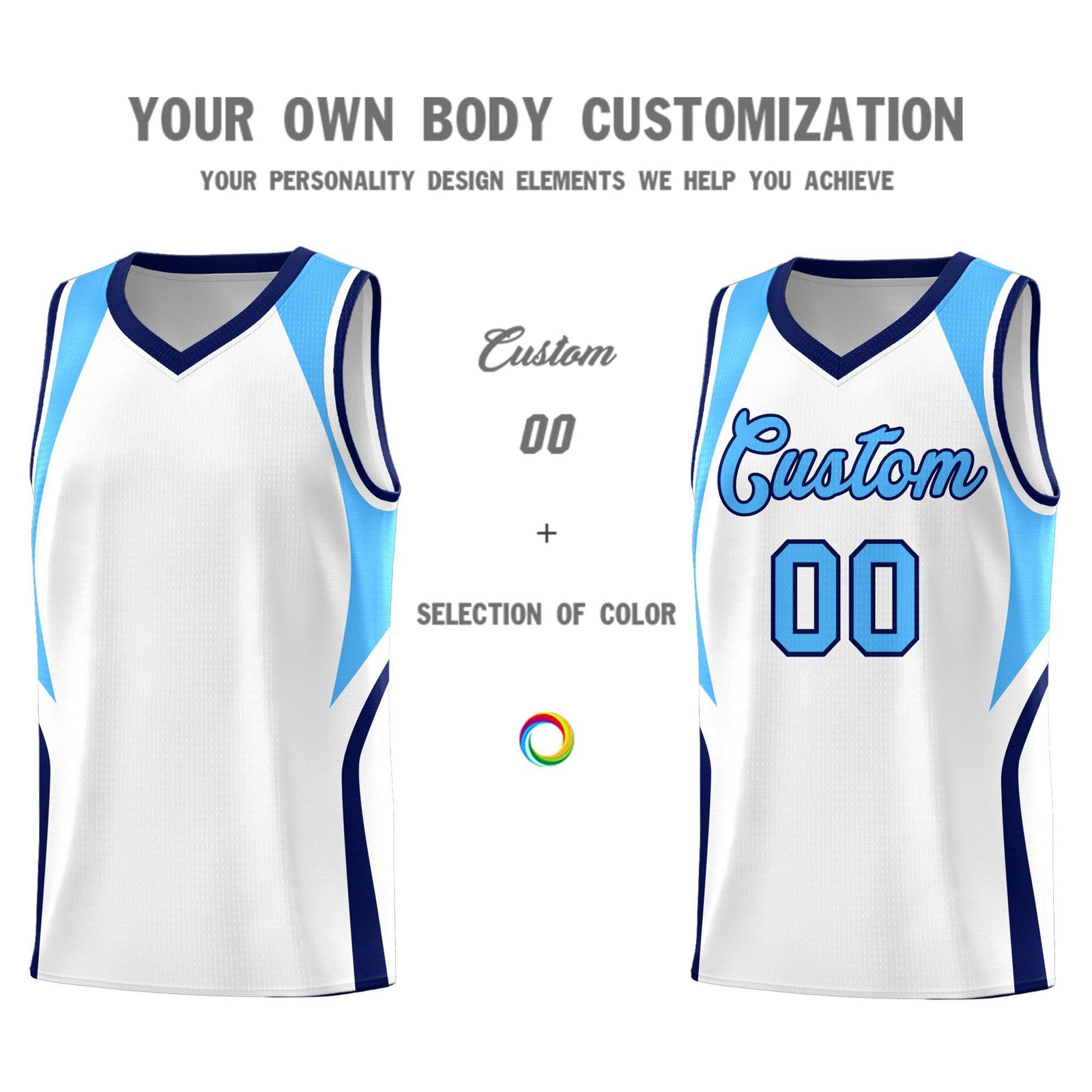 Custom White Powder Blue and Navy Color Block Sports Uniform Basketball Jersey