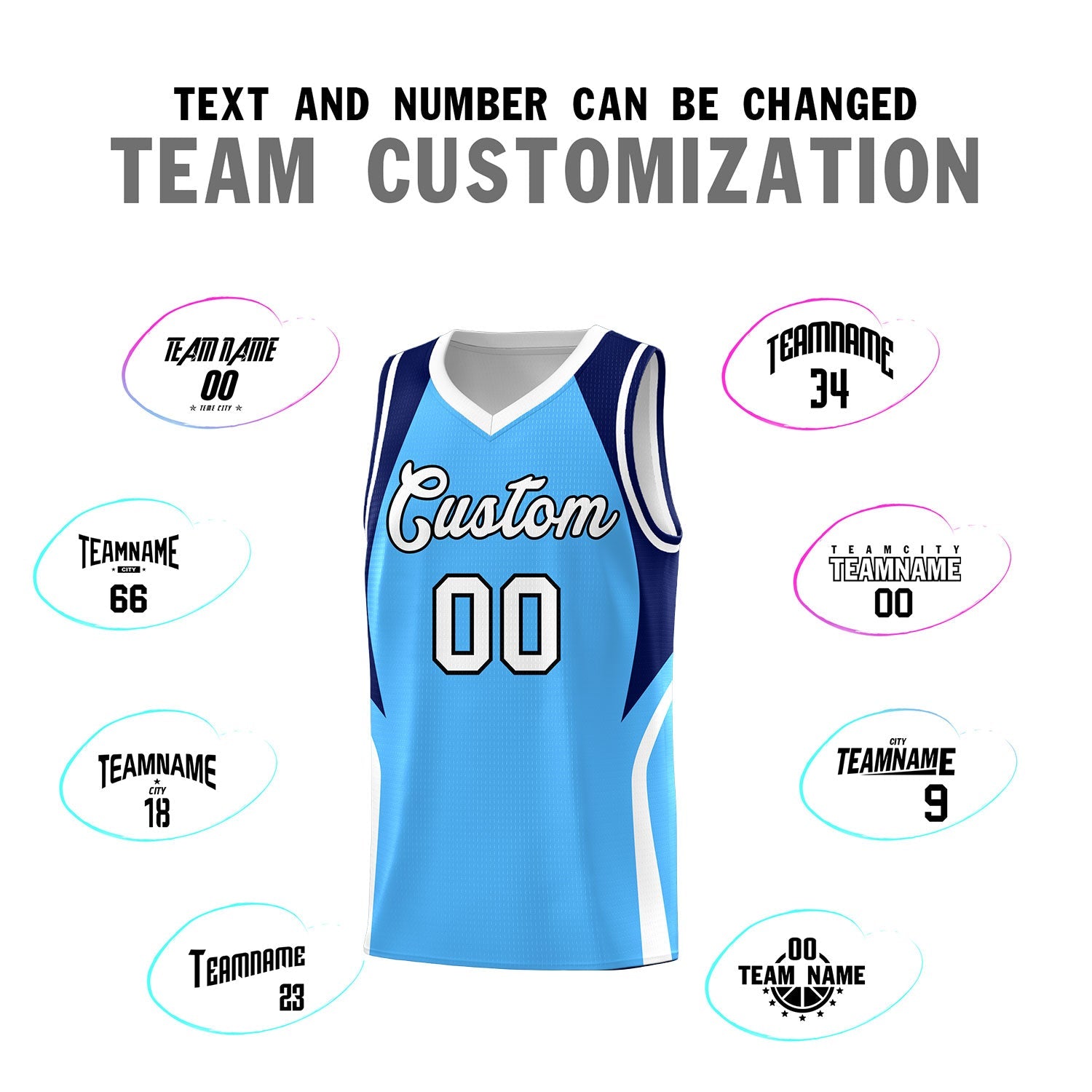 Custom Powder Blue Navy and White Color Block Sports Uniform Basketball Jersey