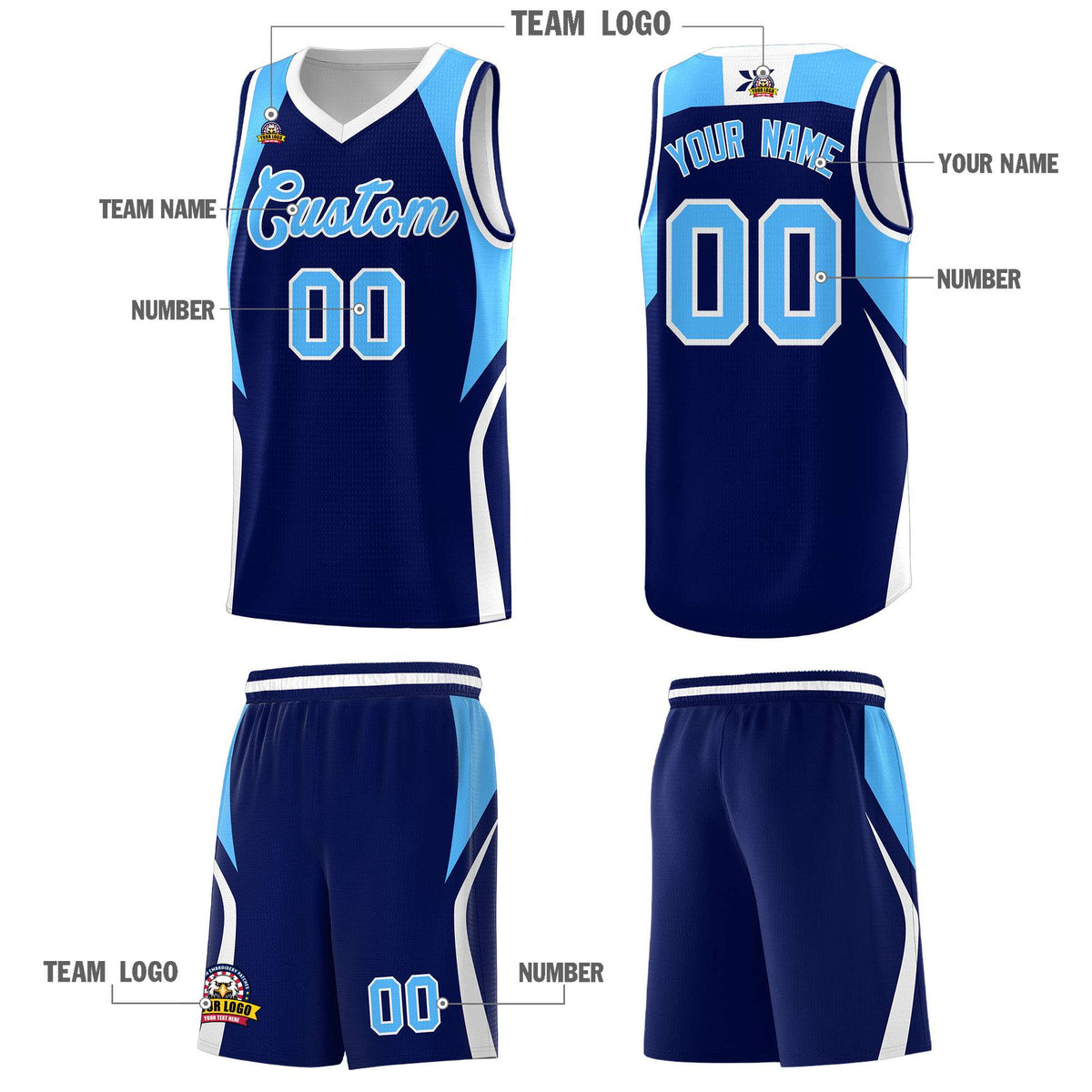 Custom Navy Powder Blue and White Color Block Sports Uniform Basketball Jersey
