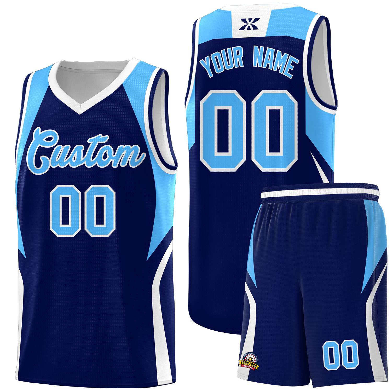 Custom Navy Powder Blue and White Color Block Sports Uniform Basketball Jersey