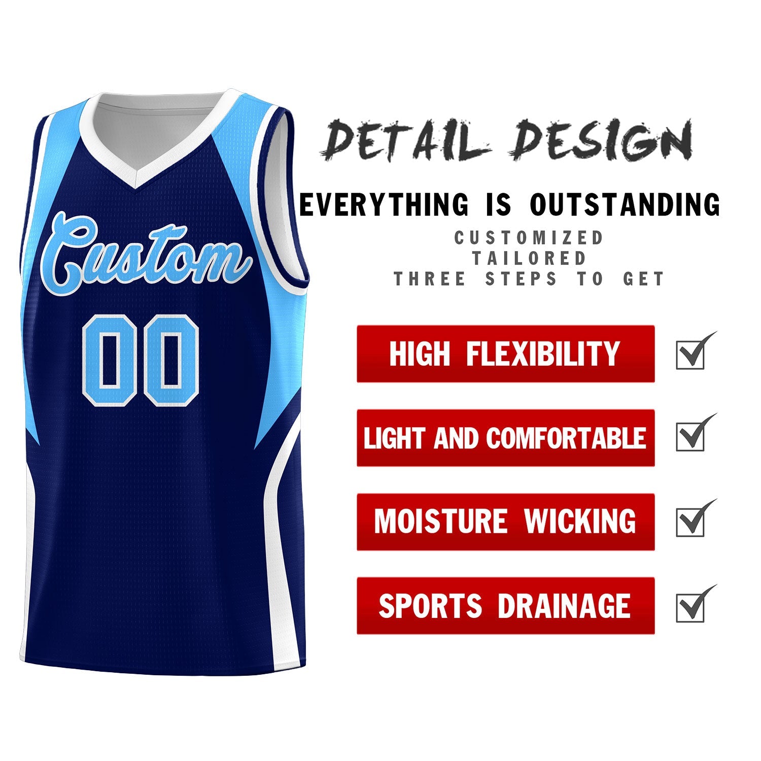 Custom Navy Powder Blue and White Color Block Sports Uniform Basketball Jersey