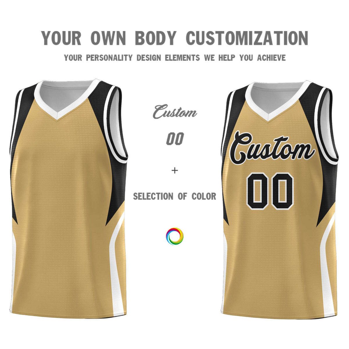 Custom Old Gold Black and White Color Block Sports Uniform Basketball Jersey