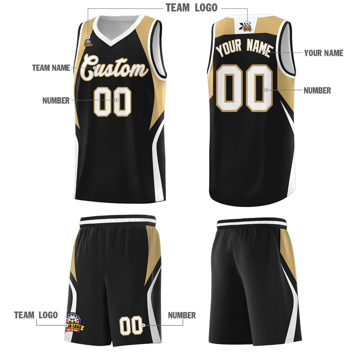 Custom Black Old Gold and White Color Block Sports Uniform Basketball Jersey