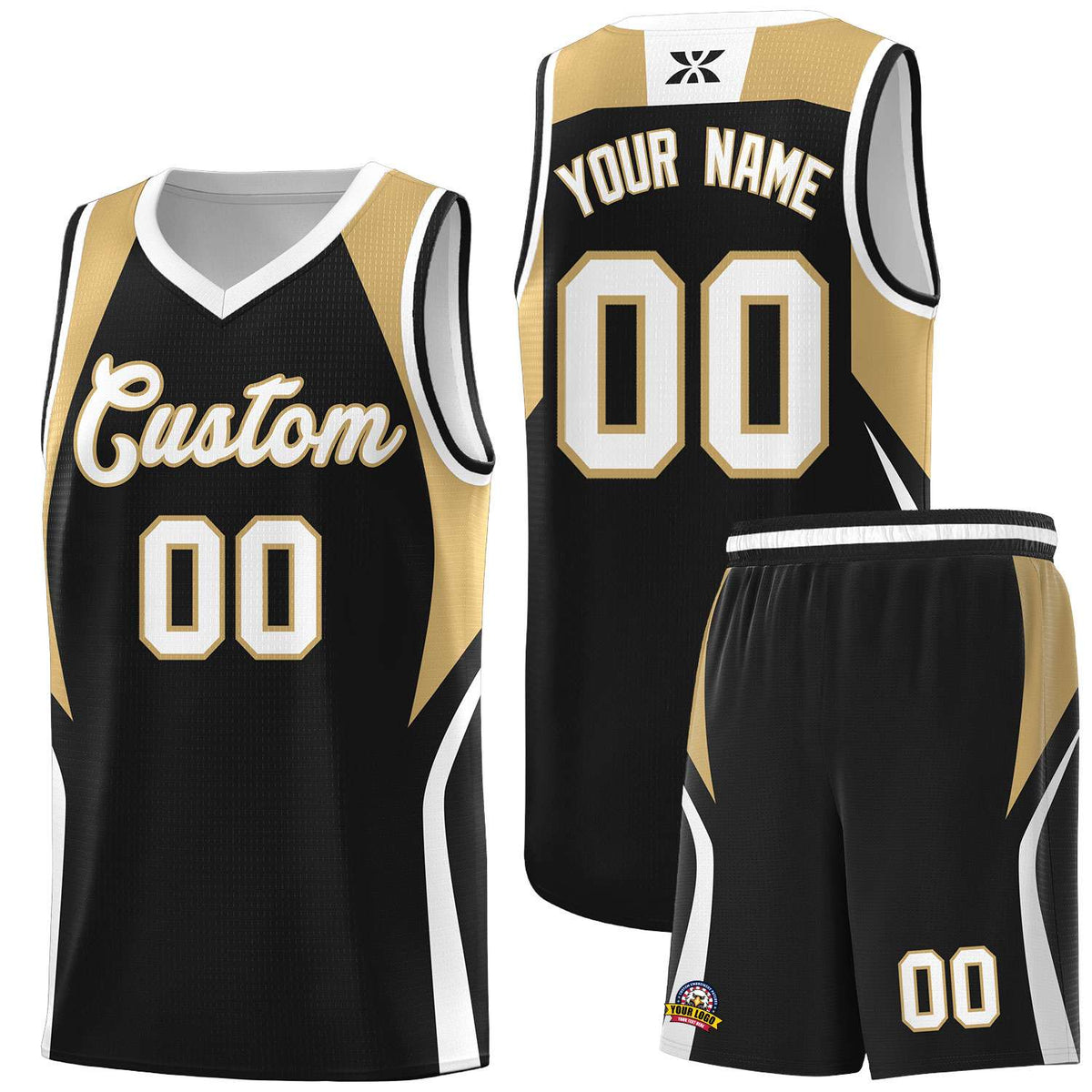 Custom Black Old Gold and White Color Block Sports Uniform Basketball Jersey