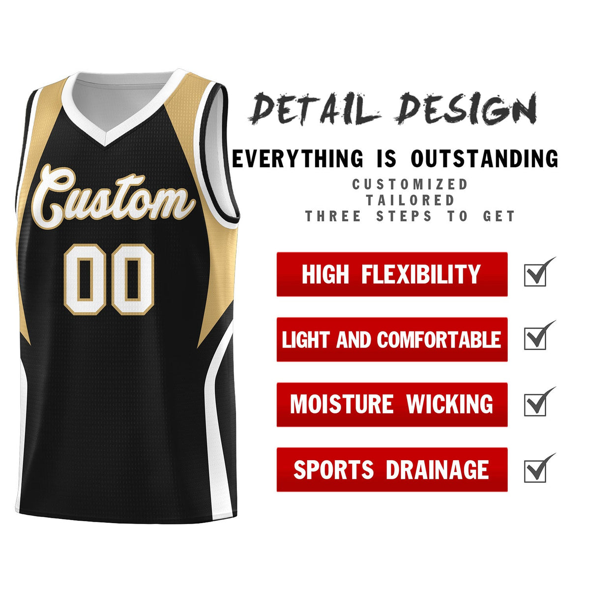 Custom Black Old Gold and White Color Block Sports Uniform Basketball Jersey