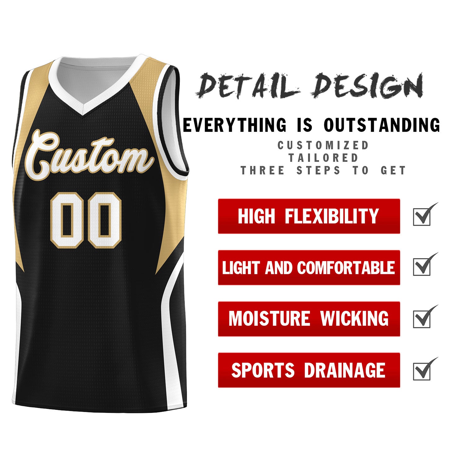 Custom Black Old Gold and White Color Block Sports Uniform Basketball Jersey