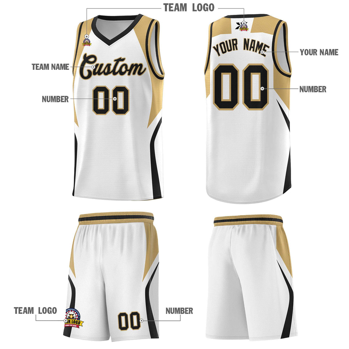 Custom White Old Gold and Black Color Block Sports Uniform Basketball Jersey