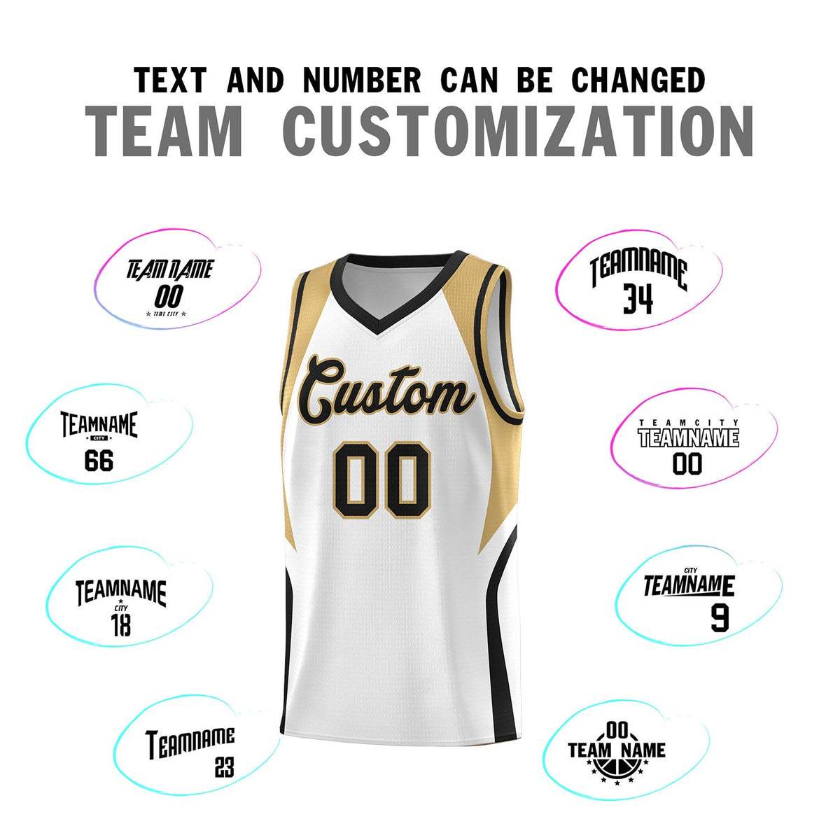Custom White Old Gold and Black Color Block Sports Uniform Basketball Jersey