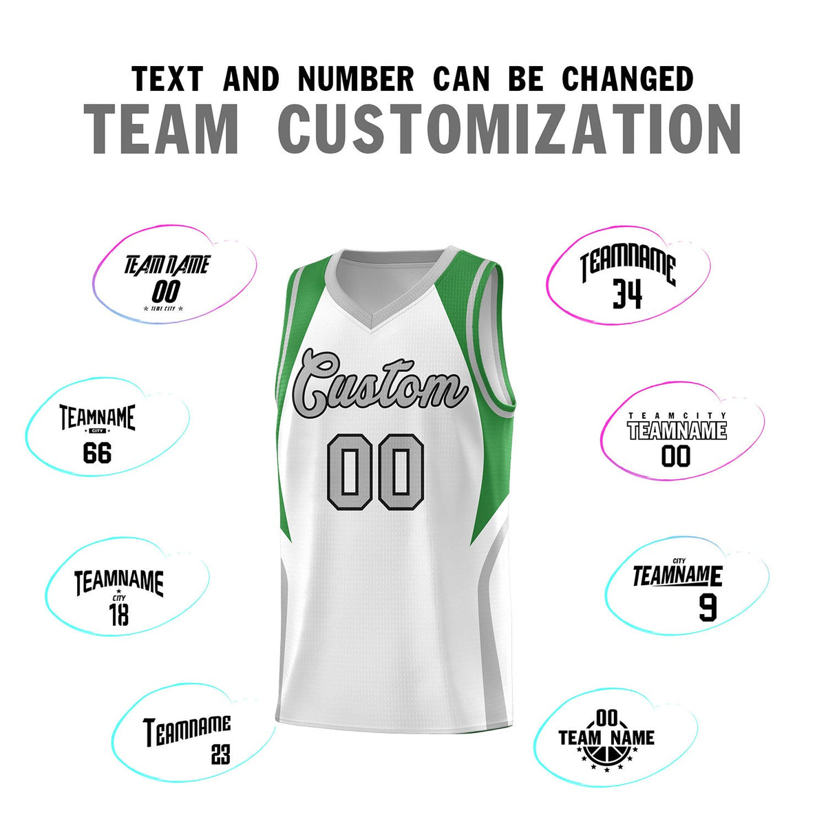 Custom White Green and Gray Color Block Sports Uniform Basketball Jersey