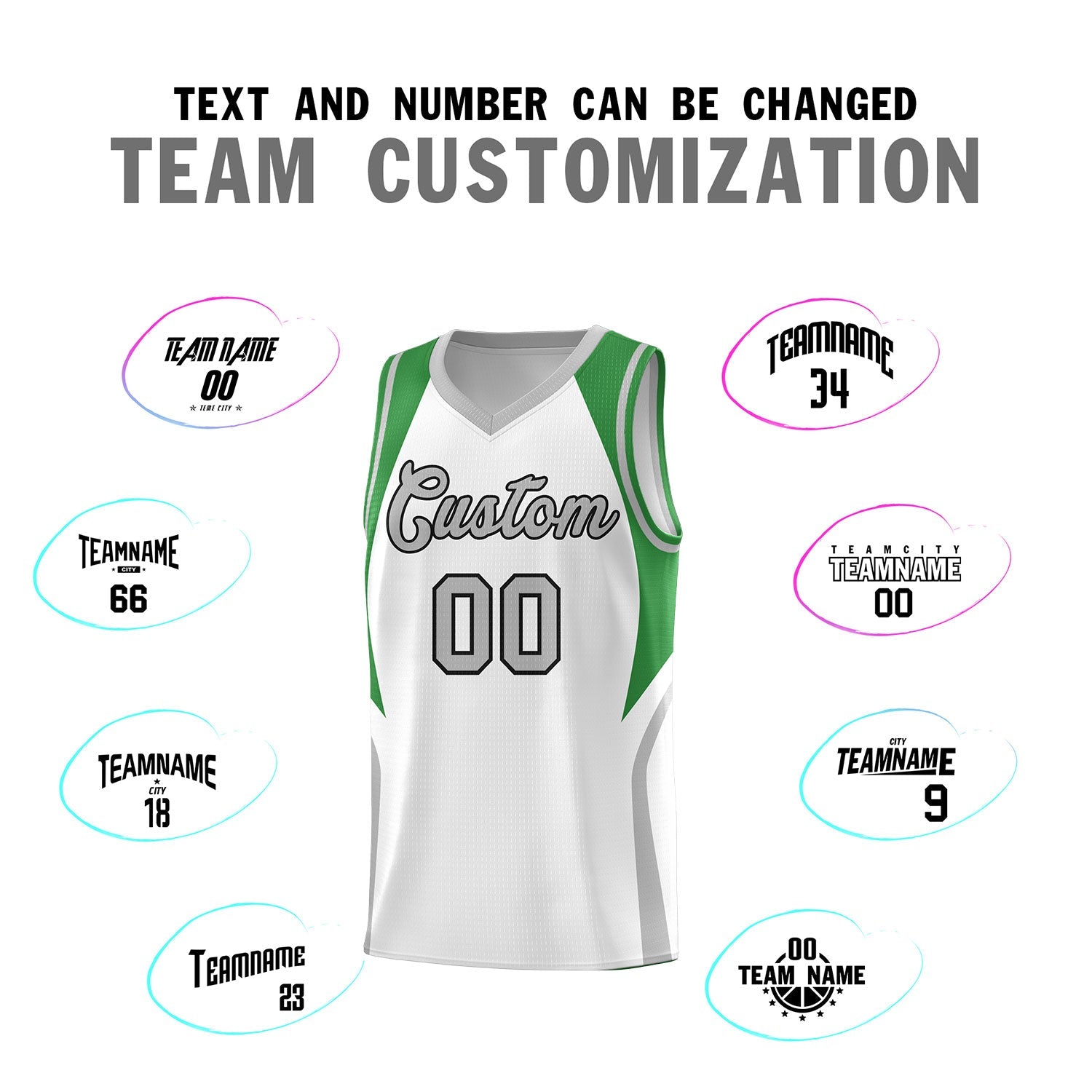 Custom White Green and Gray Color Block Sports Uniform Basketball Jersey
