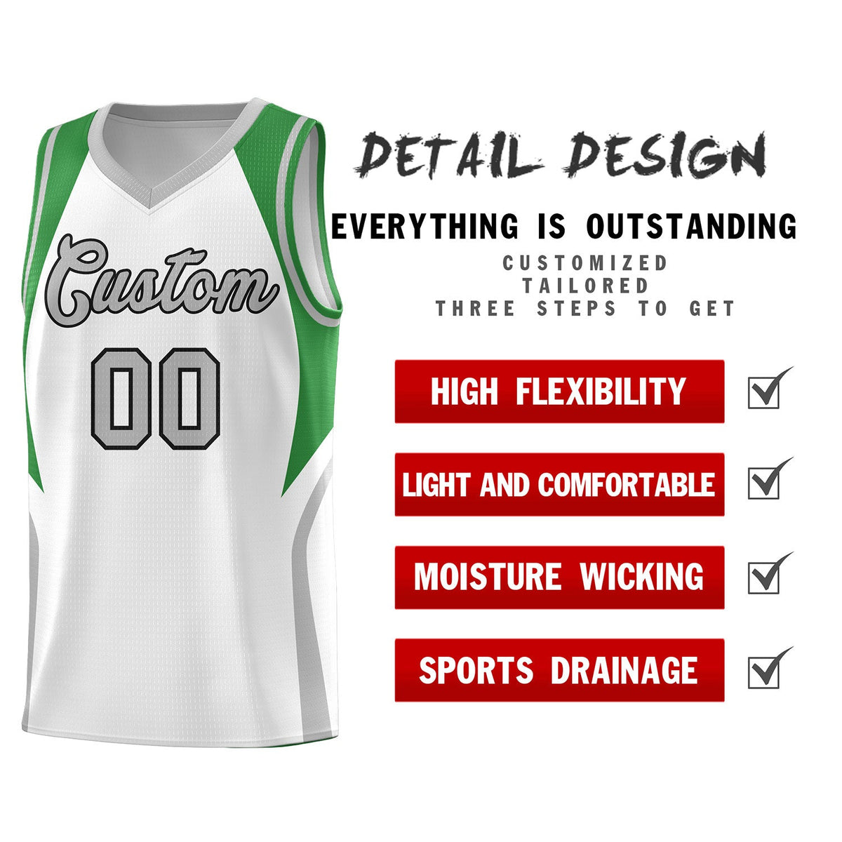 Custom White Green and Gray Color Block Sports Uniform Basketball Jersey