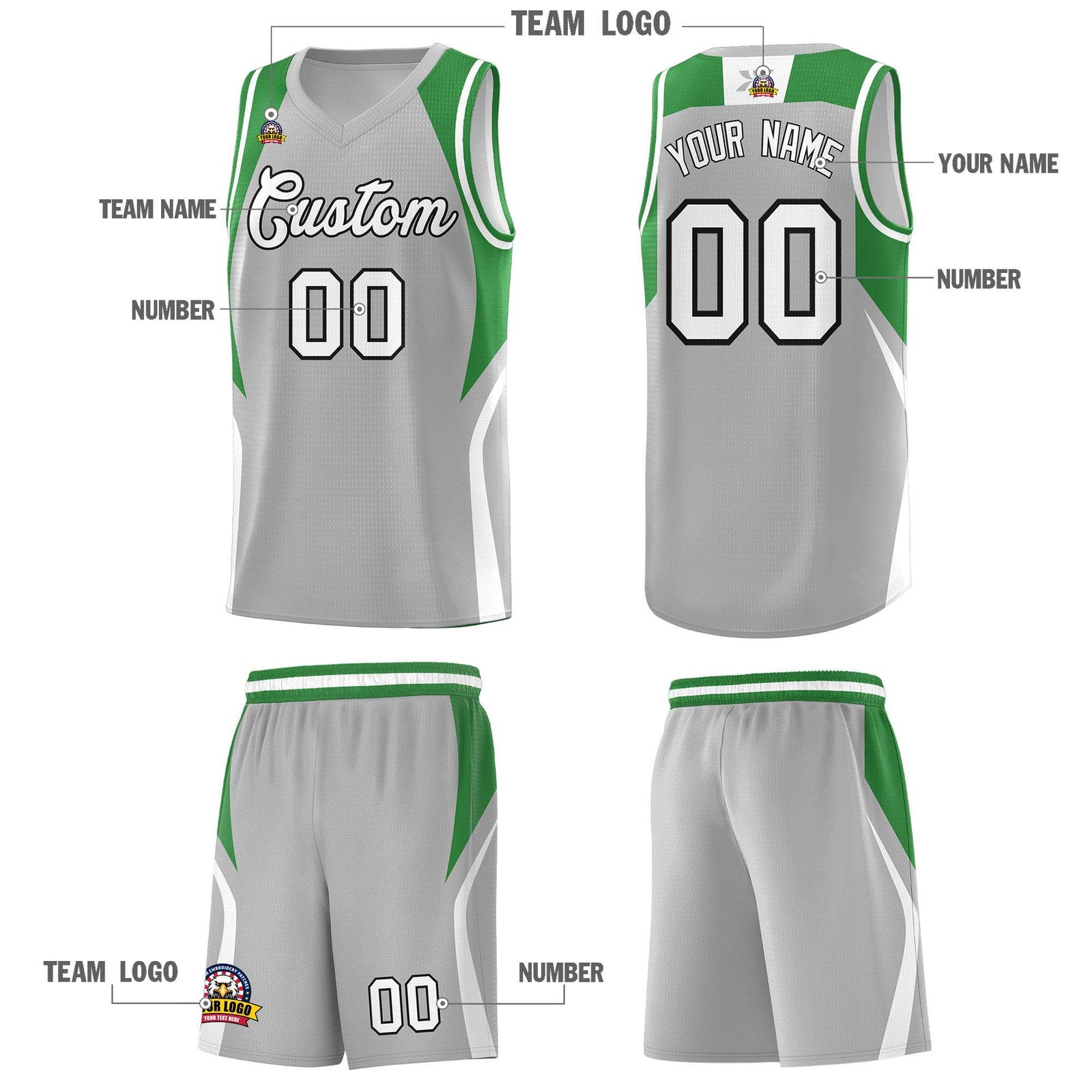 Custom Gray Green and White Color Block Sports Uniform Basketball Jersey