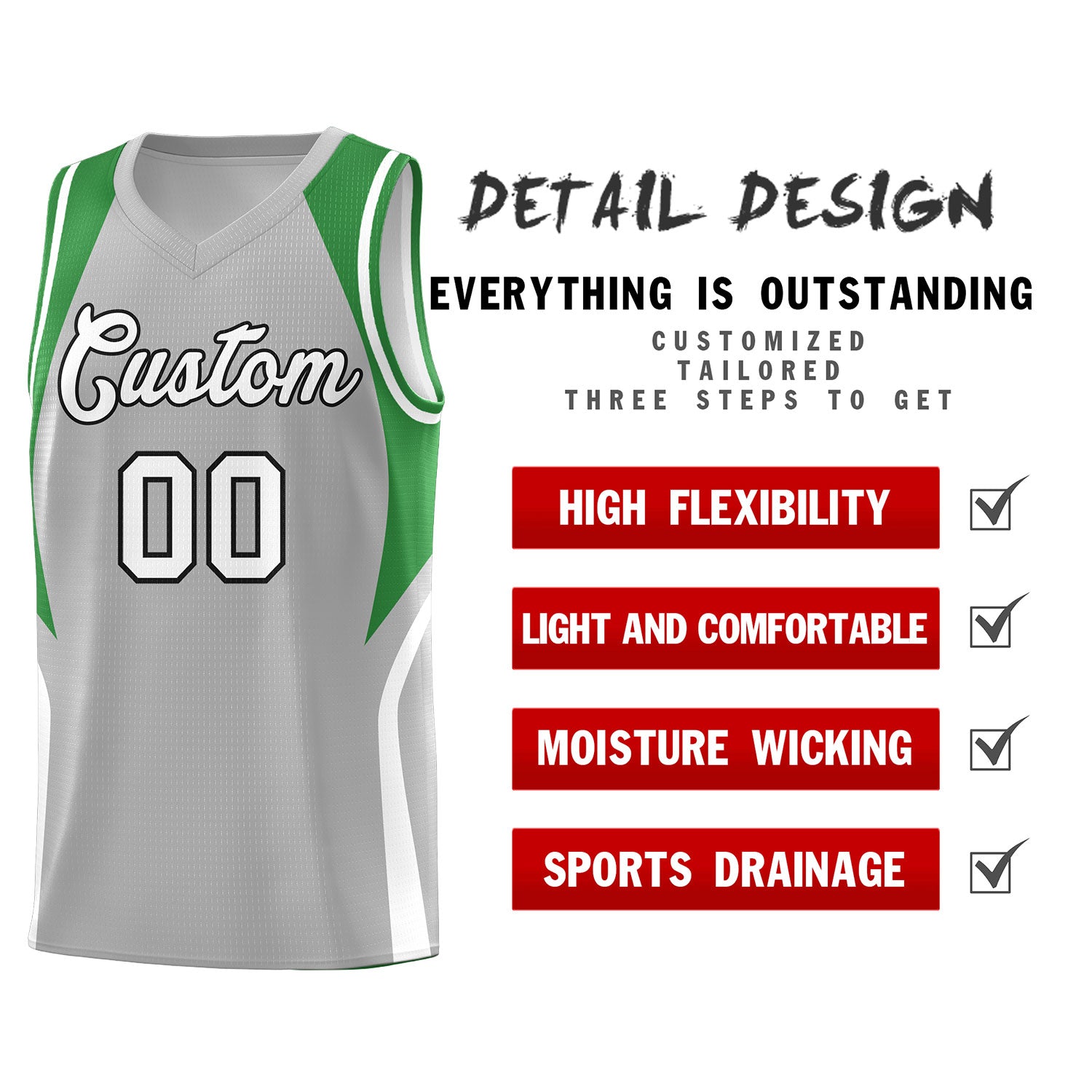Custom Gray Green and White Color Block Sports Uniform Basketball Jersey