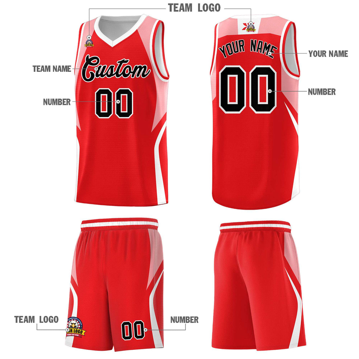 Custom Red Light Pink and White Color Block Sports Uniform Basketball Jersey
