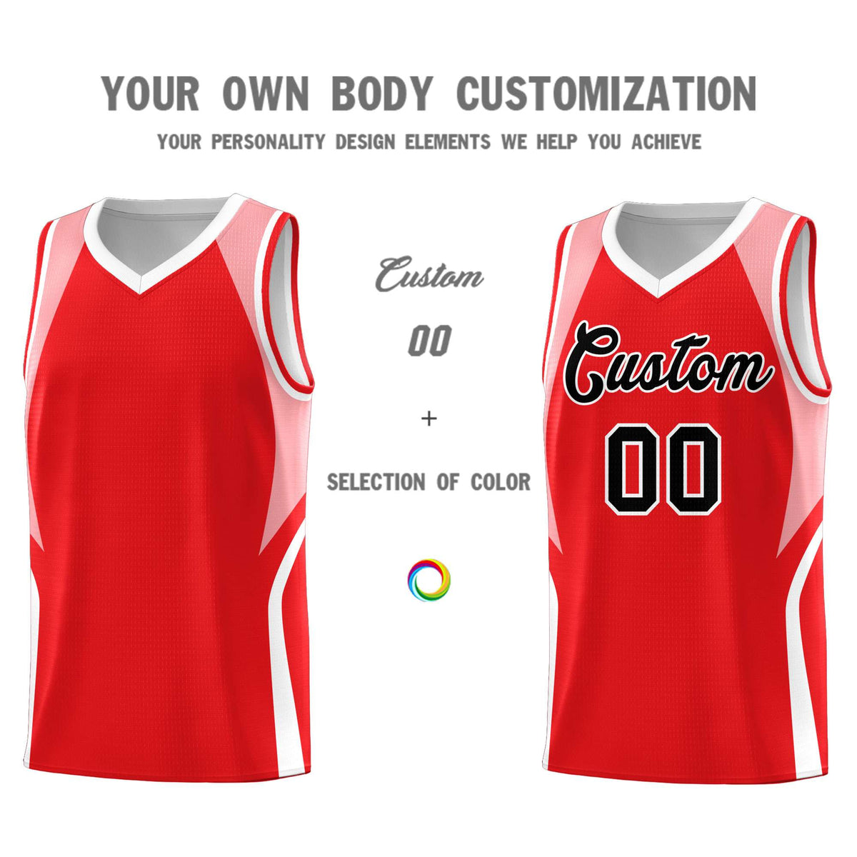Custom Red Light Pink and White Color Block Sports Uniform Basketball Jersey