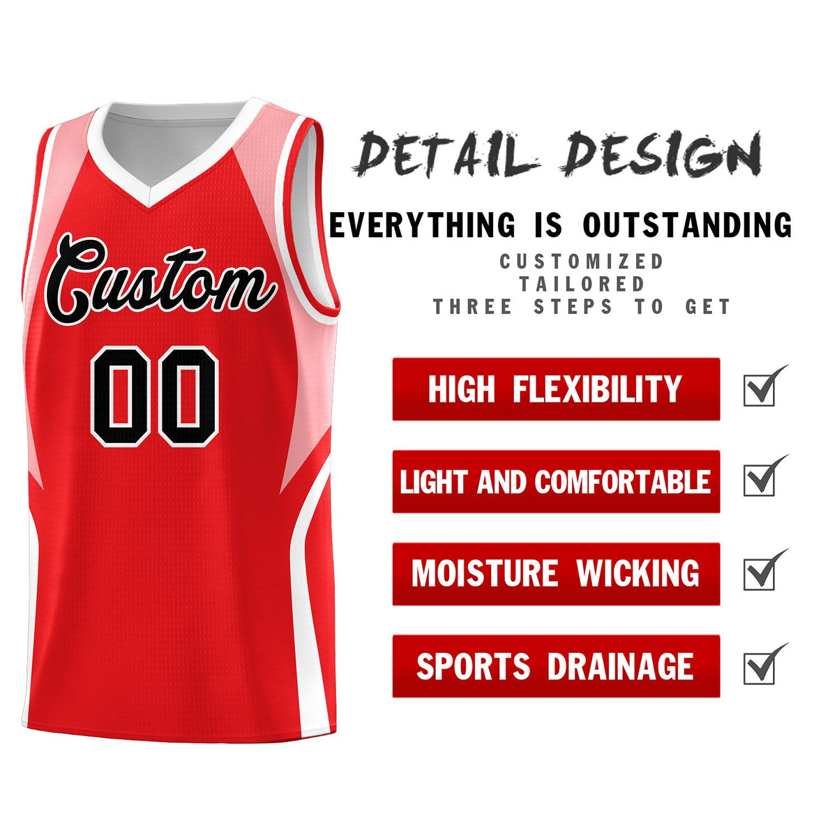 Custom Red Light Pink and White Color Block Sports Uniform Basketball Jersey
