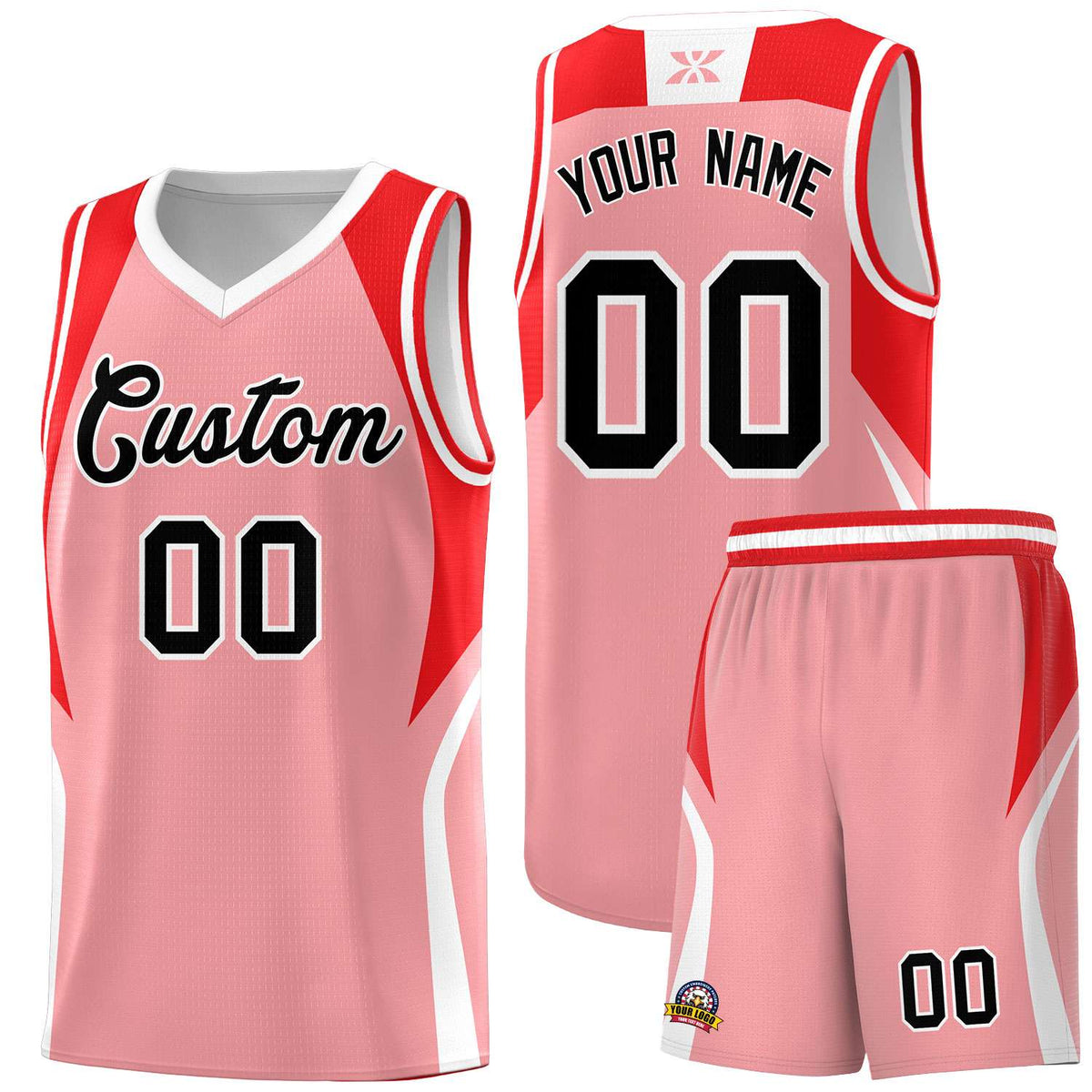 Custom Light Pink Red and White Color Block Sports Uniform Basketball Jersey