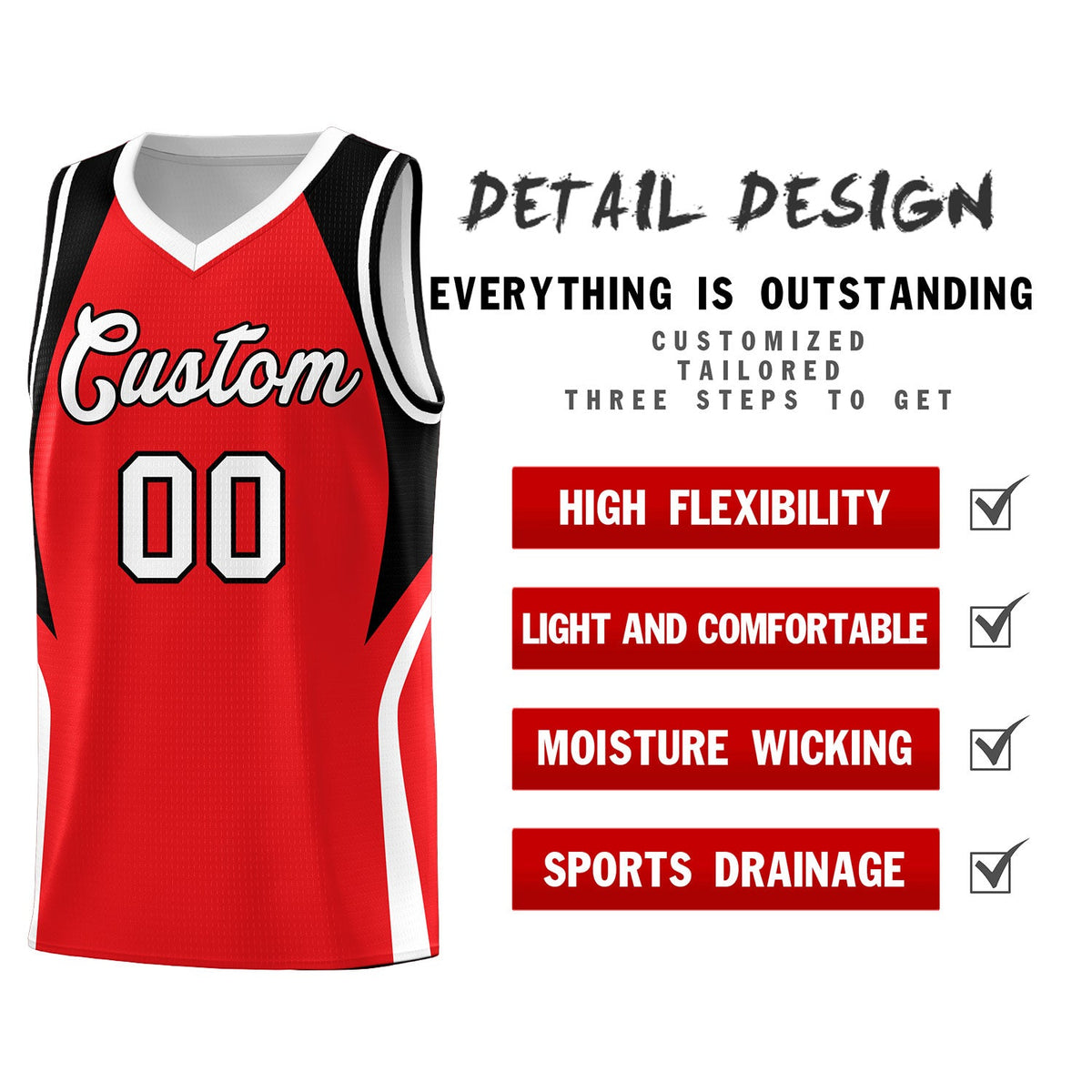 Custom Red Black and White Color Block Sports Uniform Basketball Jersey