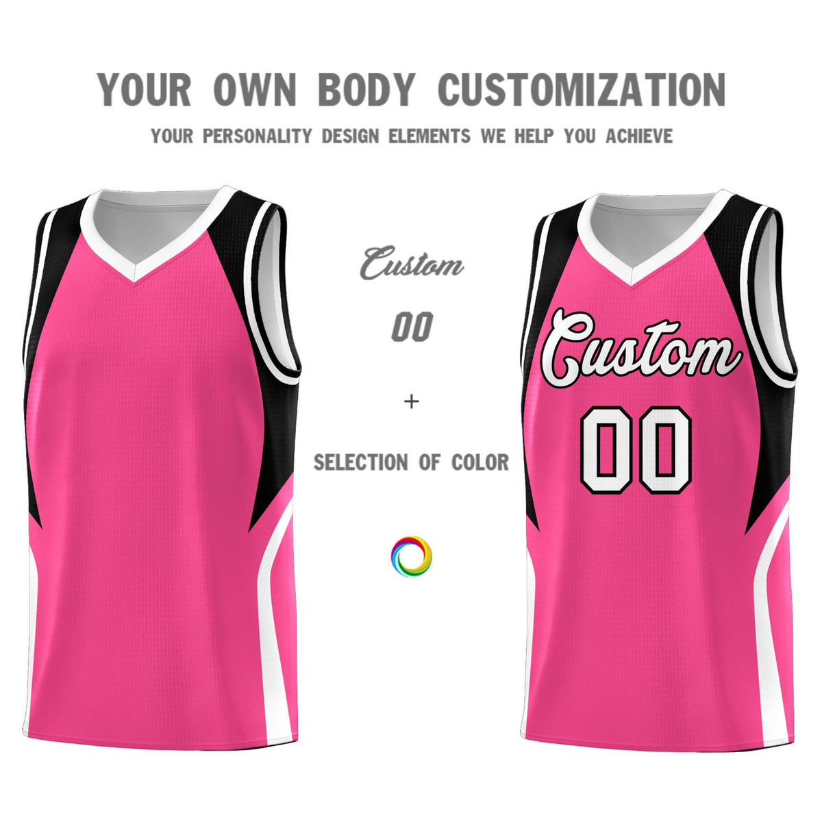 Custom Pink Black and White Color Block Sports Uniform Basketball Jersey
