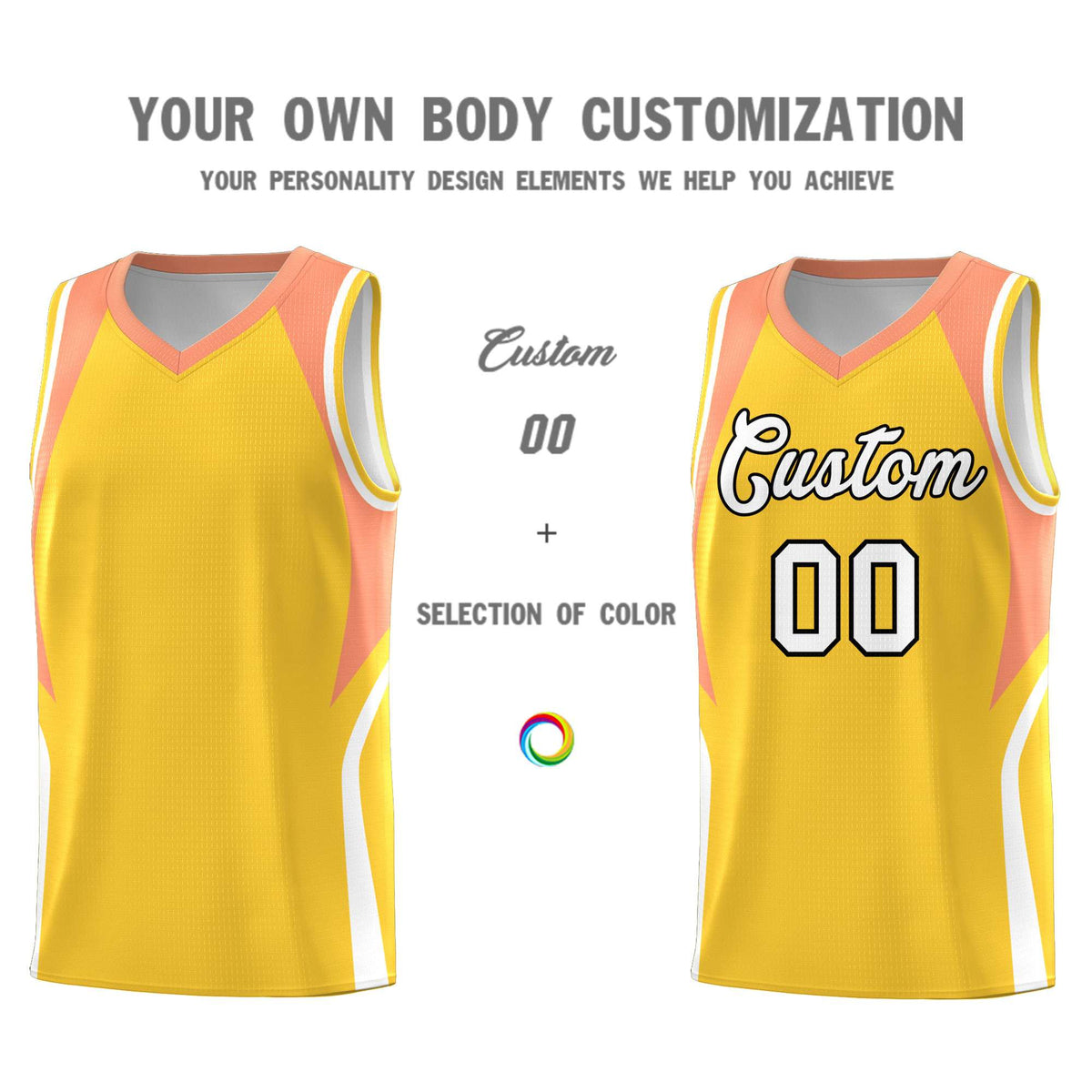 Custom Gold Orange and White Color Block Sports Uniform Basketball Jersey