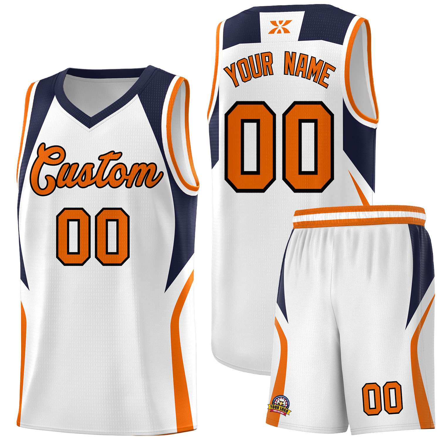 Custom White Navy and Orange Color Block Sports Uniform Basketball Jersey