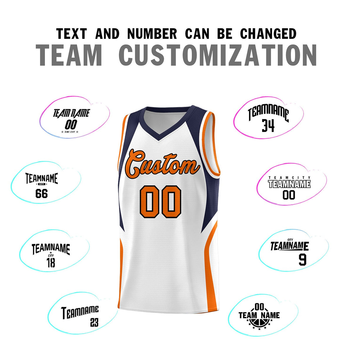 Custom White Navy and Orange Color Block Sports Uniform Basketball Jersey