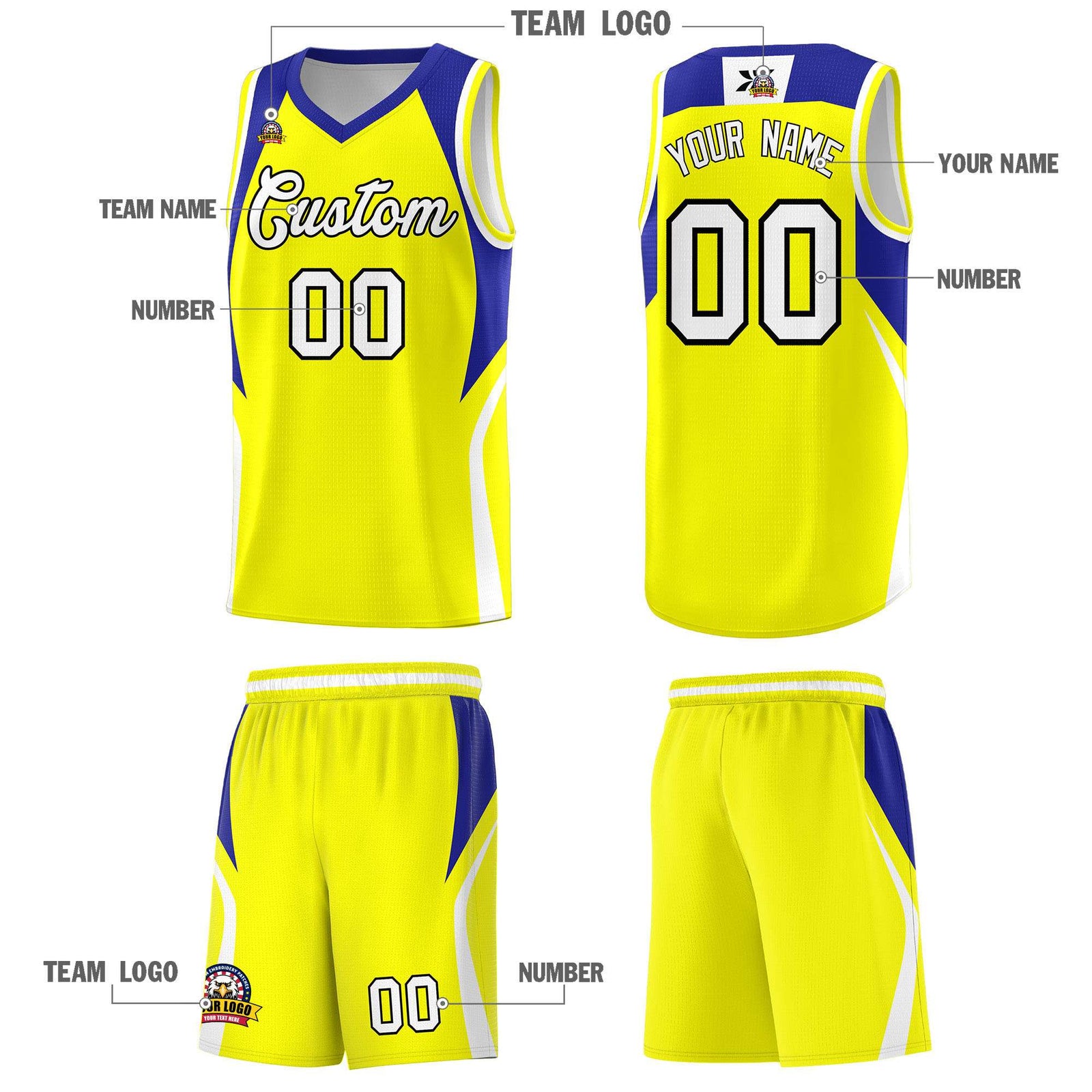 Custom Gold Royal and White Color Block Sports Uniform Basketball Jersey