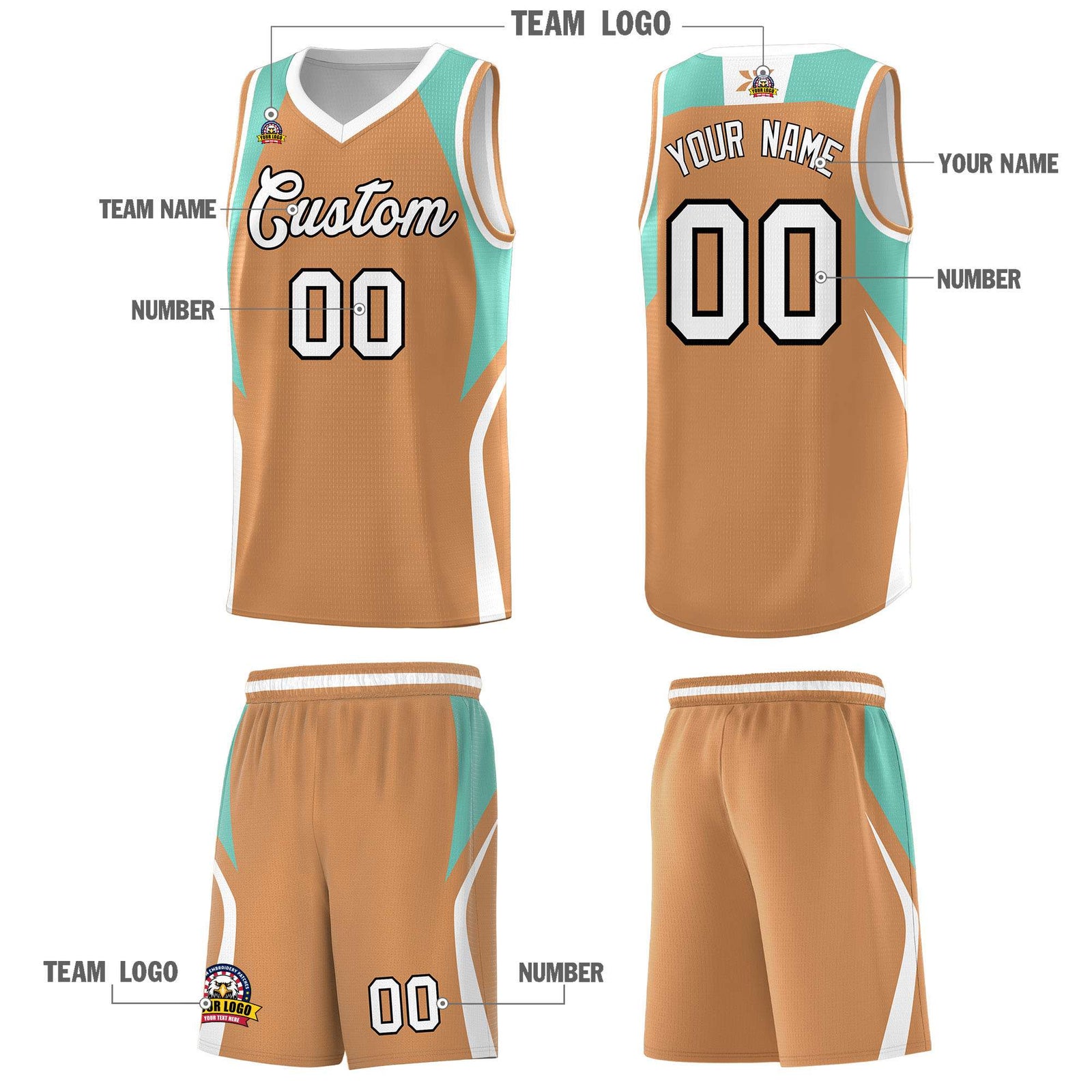 Custom Buckskin Brown Blue and White Color Block Sports Uniform Basketball Jersey