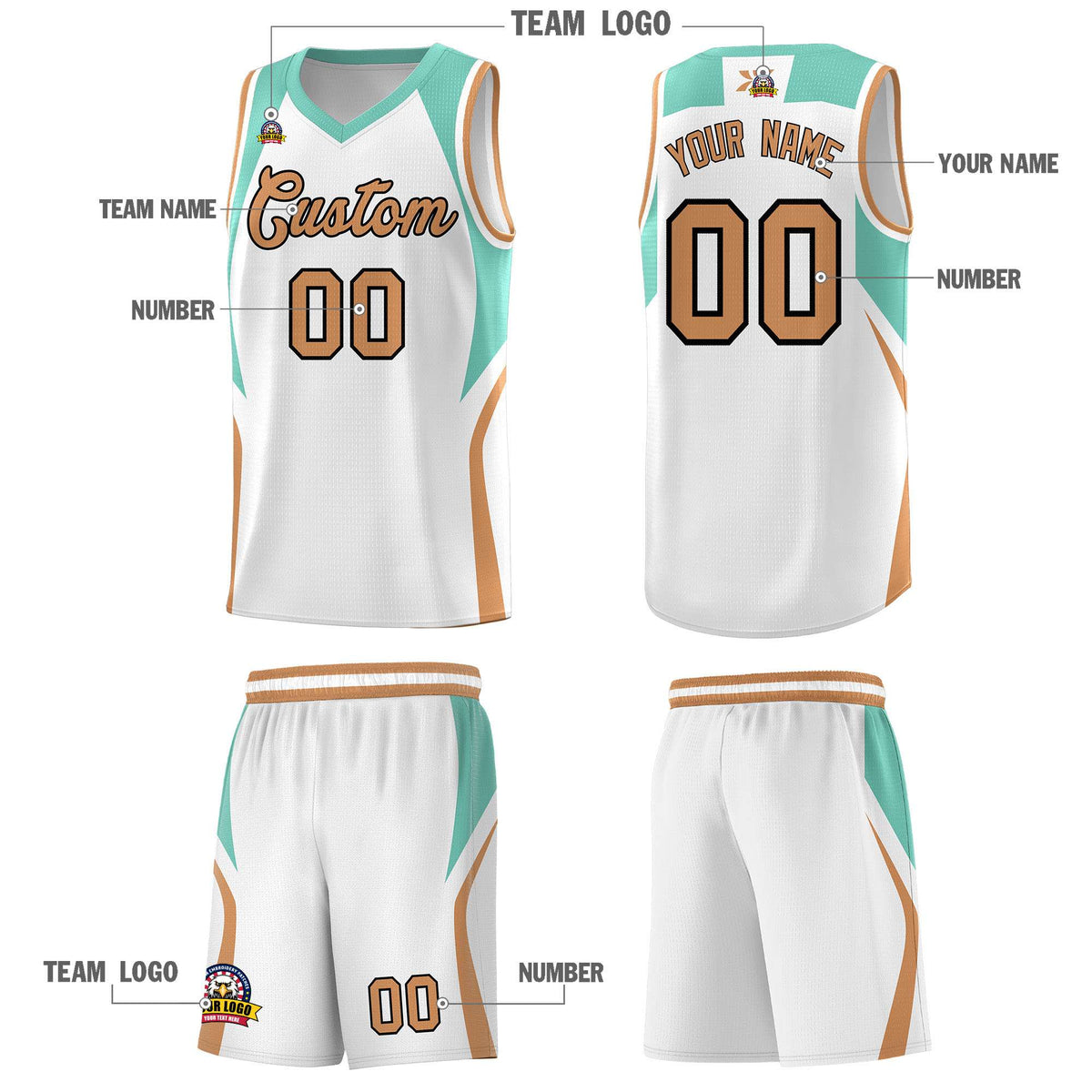Custom White Blue and Buckskin Brown Color Block Sports Uniform Basketball Jersey