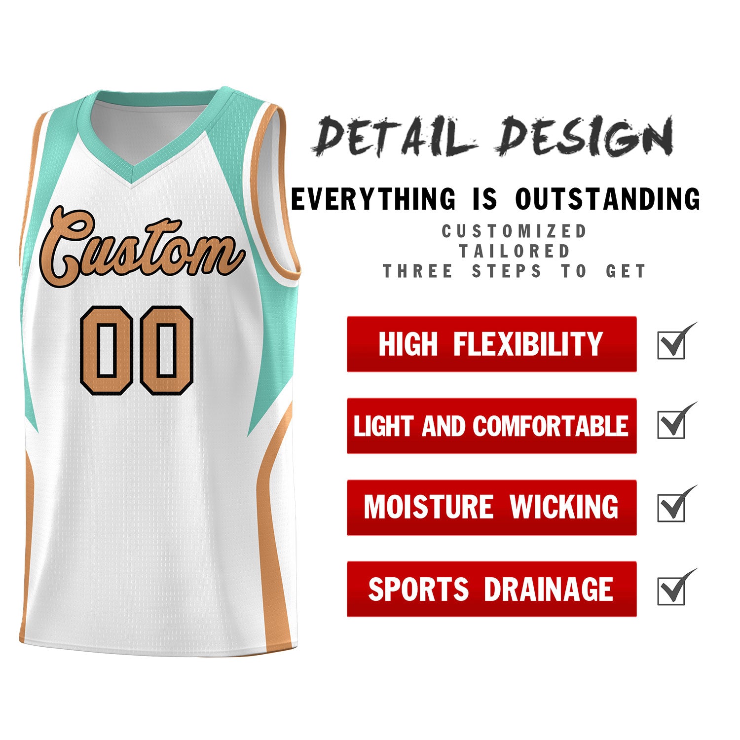 Custom White Blue and Buckskin Brown Color Block Sports Uniform Basketball Jersey