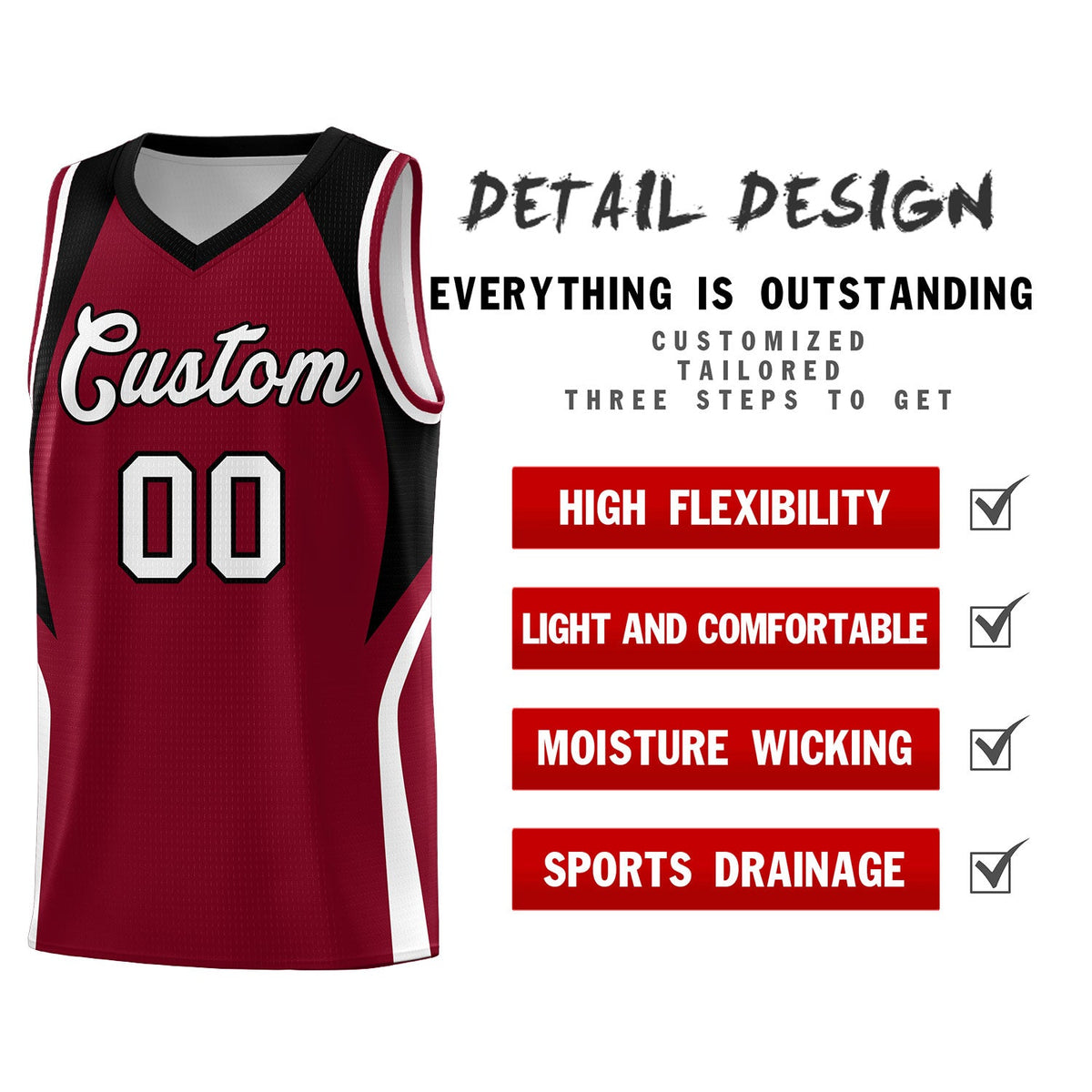 Custom Crimson Black and White Color Block Sports Uniform Basketball Jersey
