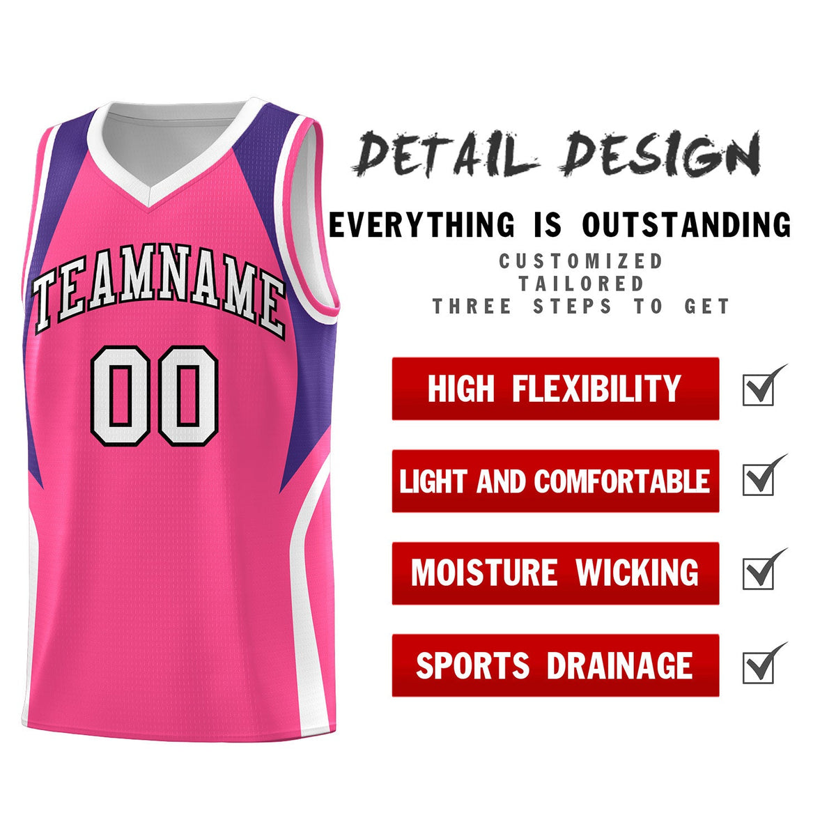 Custom Pink Purple and White Color Block Sports Uniform Basketball Jersey