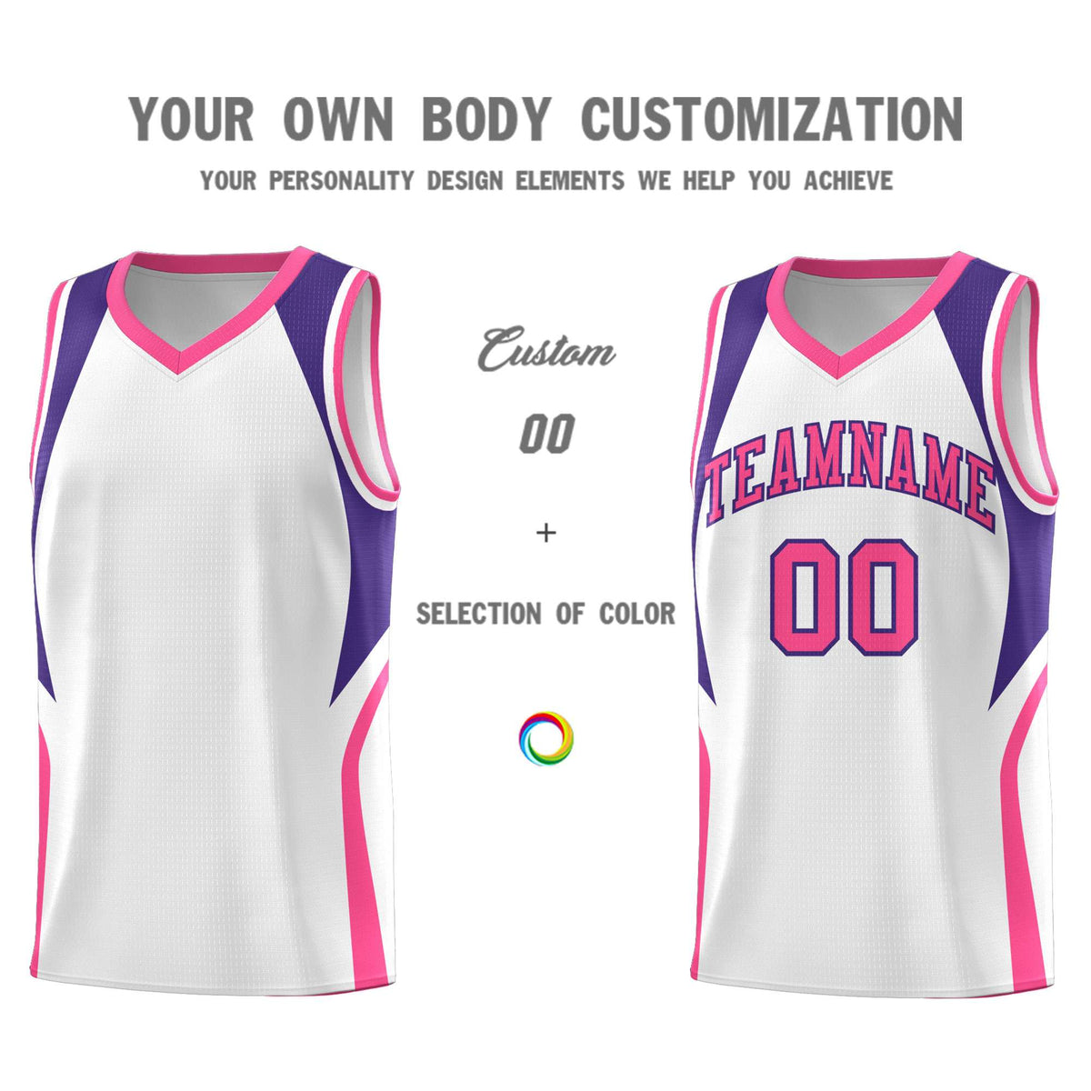 Custom White Purple and Pink Color Block Sports Uniform Basketball Jersey