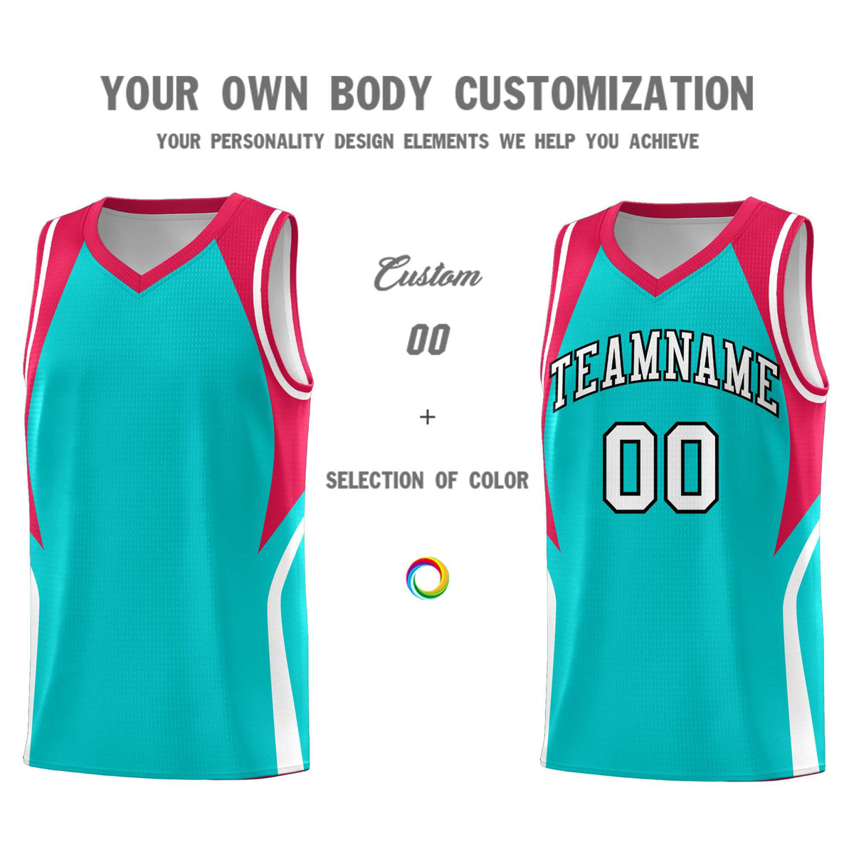 Custom Aqua Red and White Color Block Sports Uniform Basketball Jersey